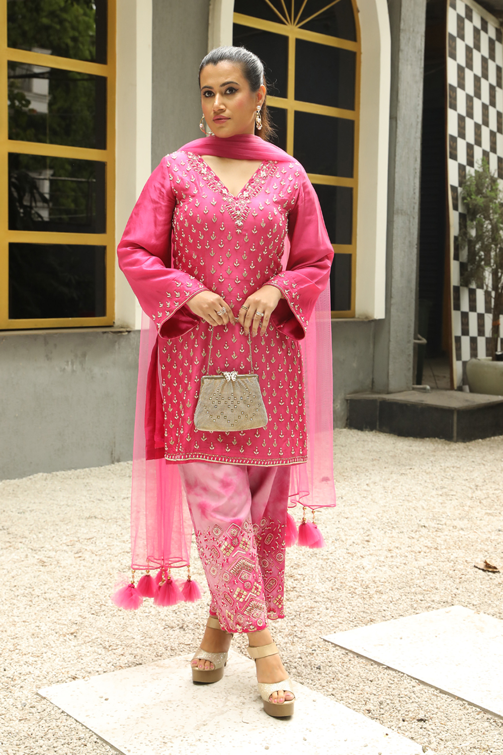 Fuscia Pink Silk Floral Embroidered Straight Suit With Lilac Pink Tie- Dye Pant And Pink Dupatta Set.
