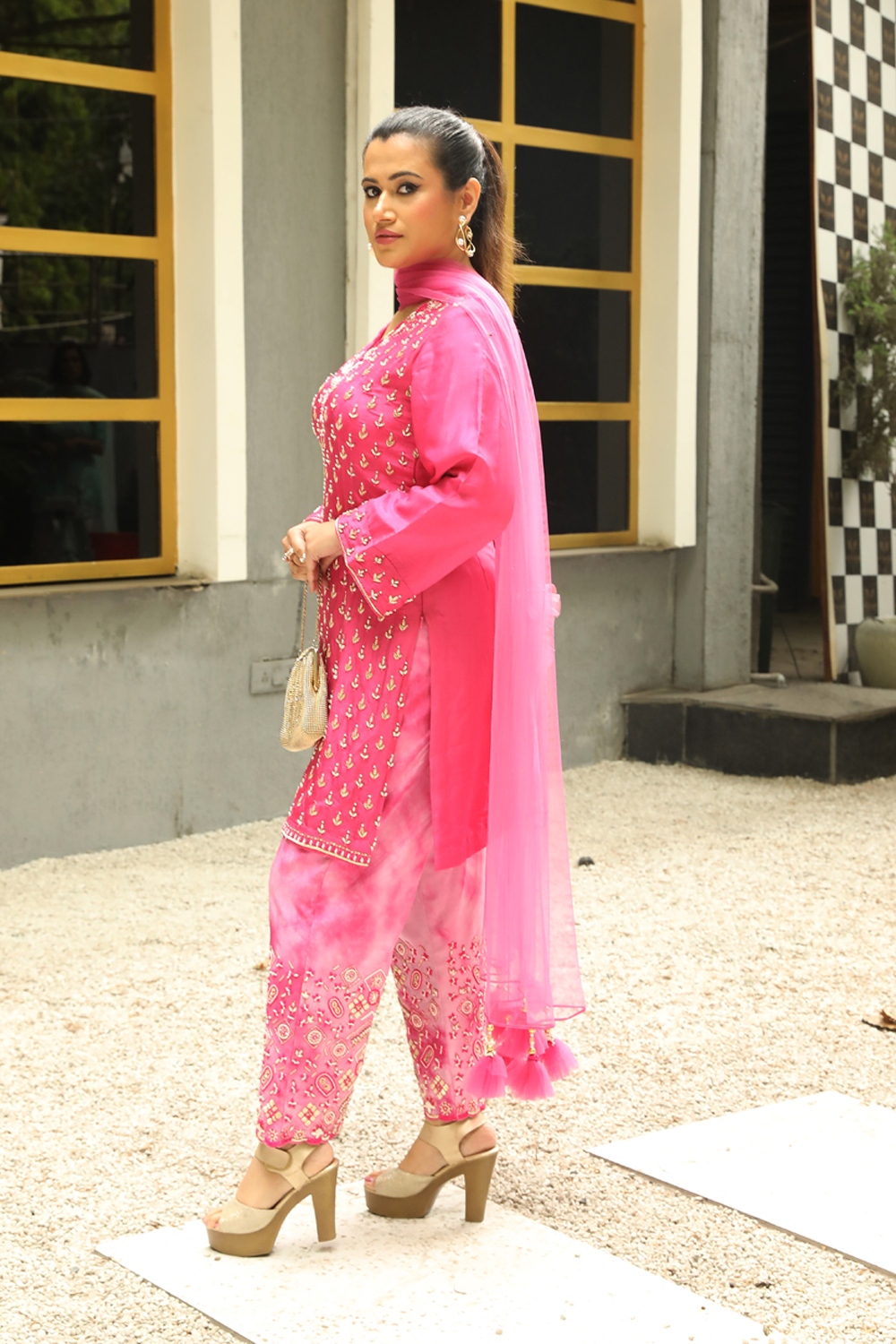 Fuscia Pink Silk Floral Embroidered Straight Suit With Lilac Pink Tie- Dye Pant And Pink Dupatta Set.