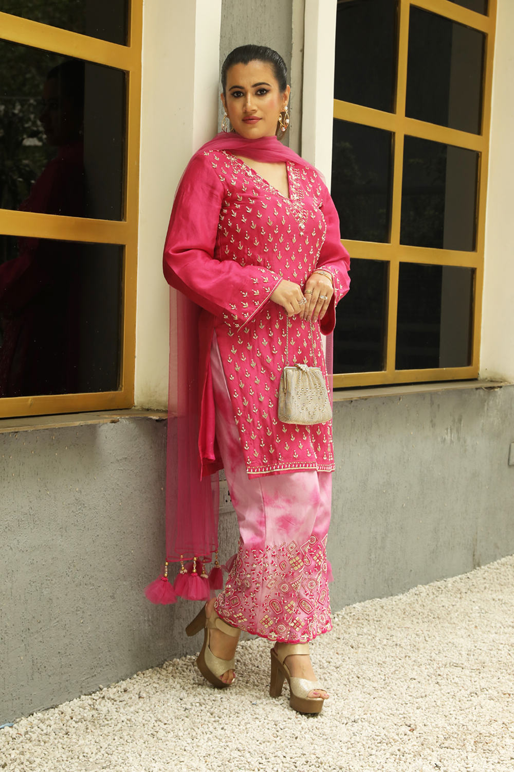 Fuscia Pink Silk Floral Embroidered Straight Suit With Lilac Pink Tie- Dye Pant And Pink Dupatta Set.