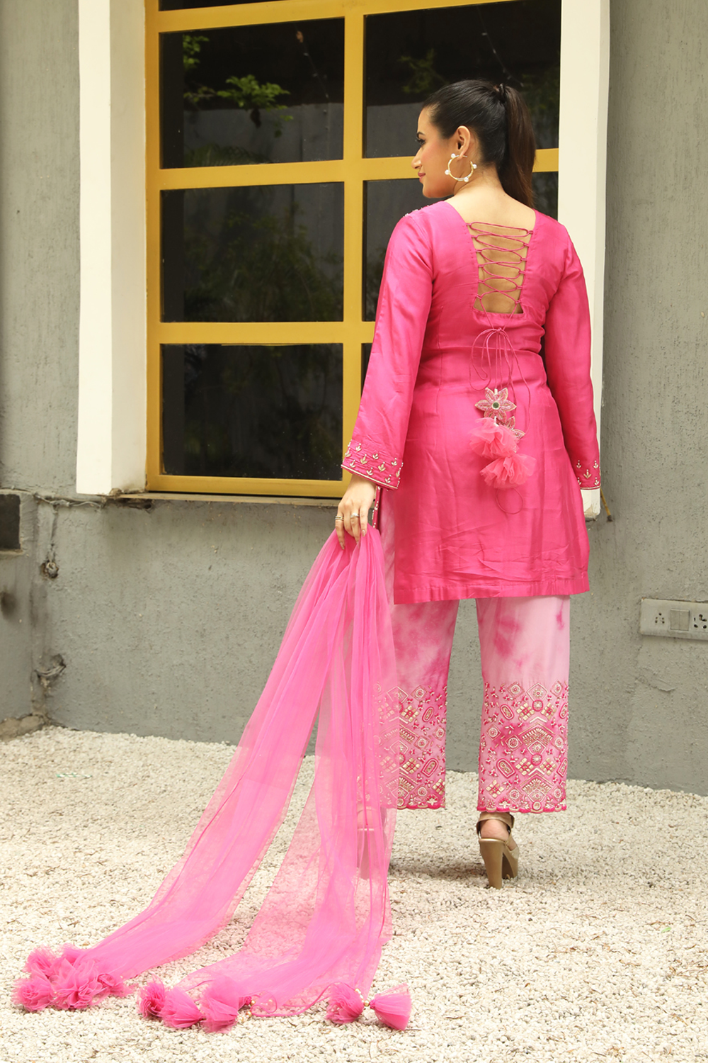Fuscia Pink Silk Floral Embroidered Straight Suit With Lilac Pink Tie- Dye Pant And Pink Dupatta Set.