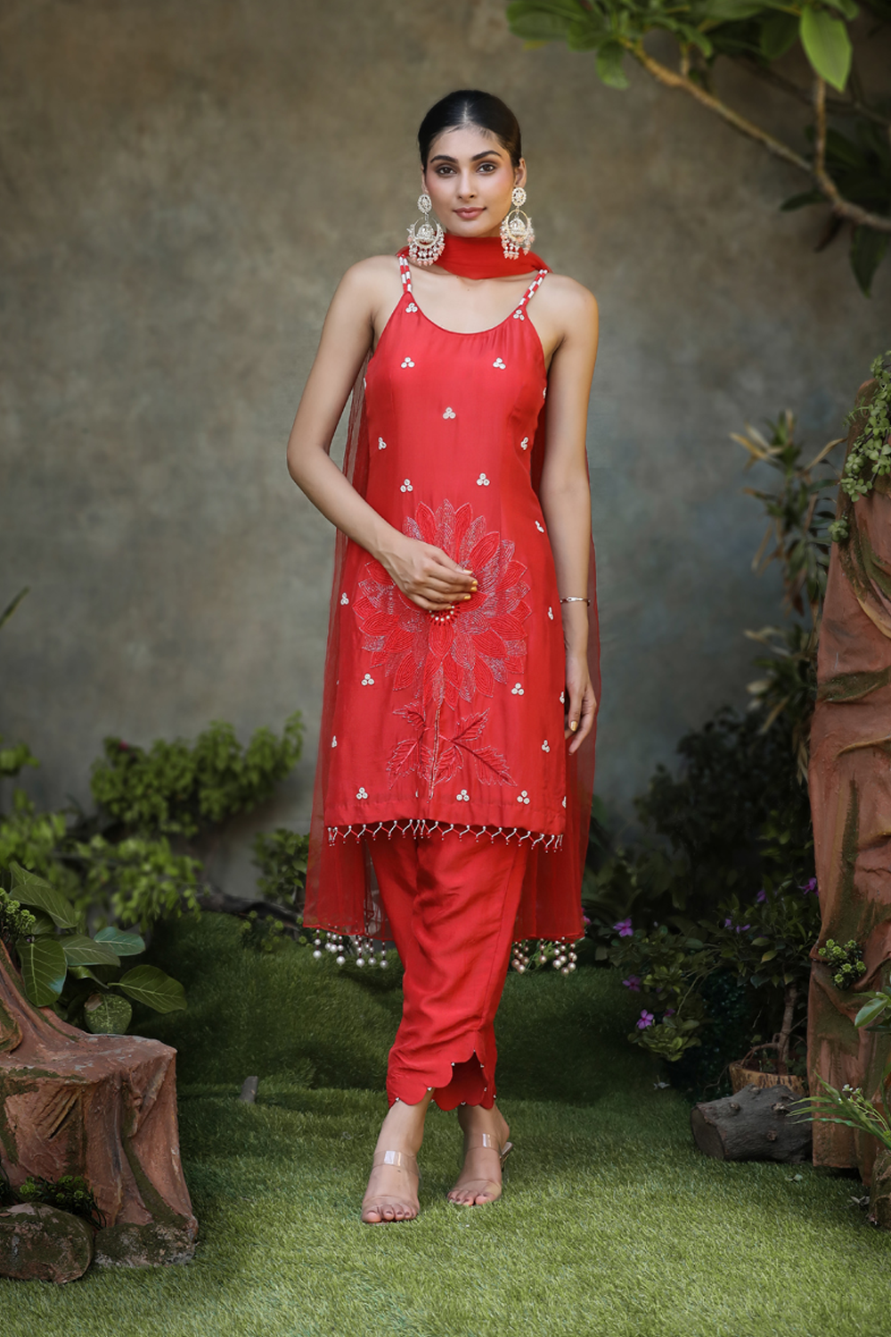 Red Silk Floral Embroidered Straight Suit With Pant And Dupatta Set.