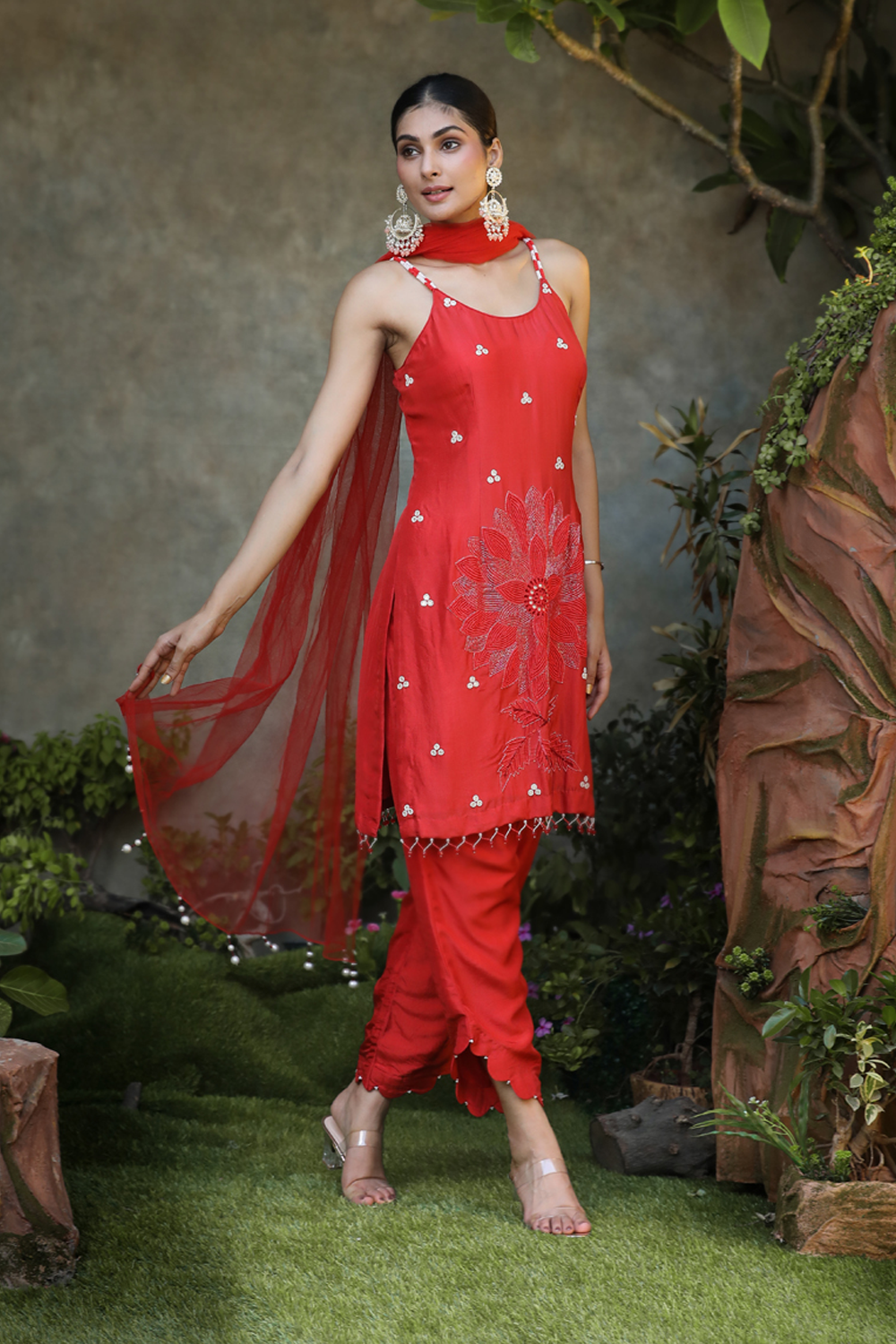 Red Silk Floral Embroidered Straight Suit With Pant And Dupatta Set.