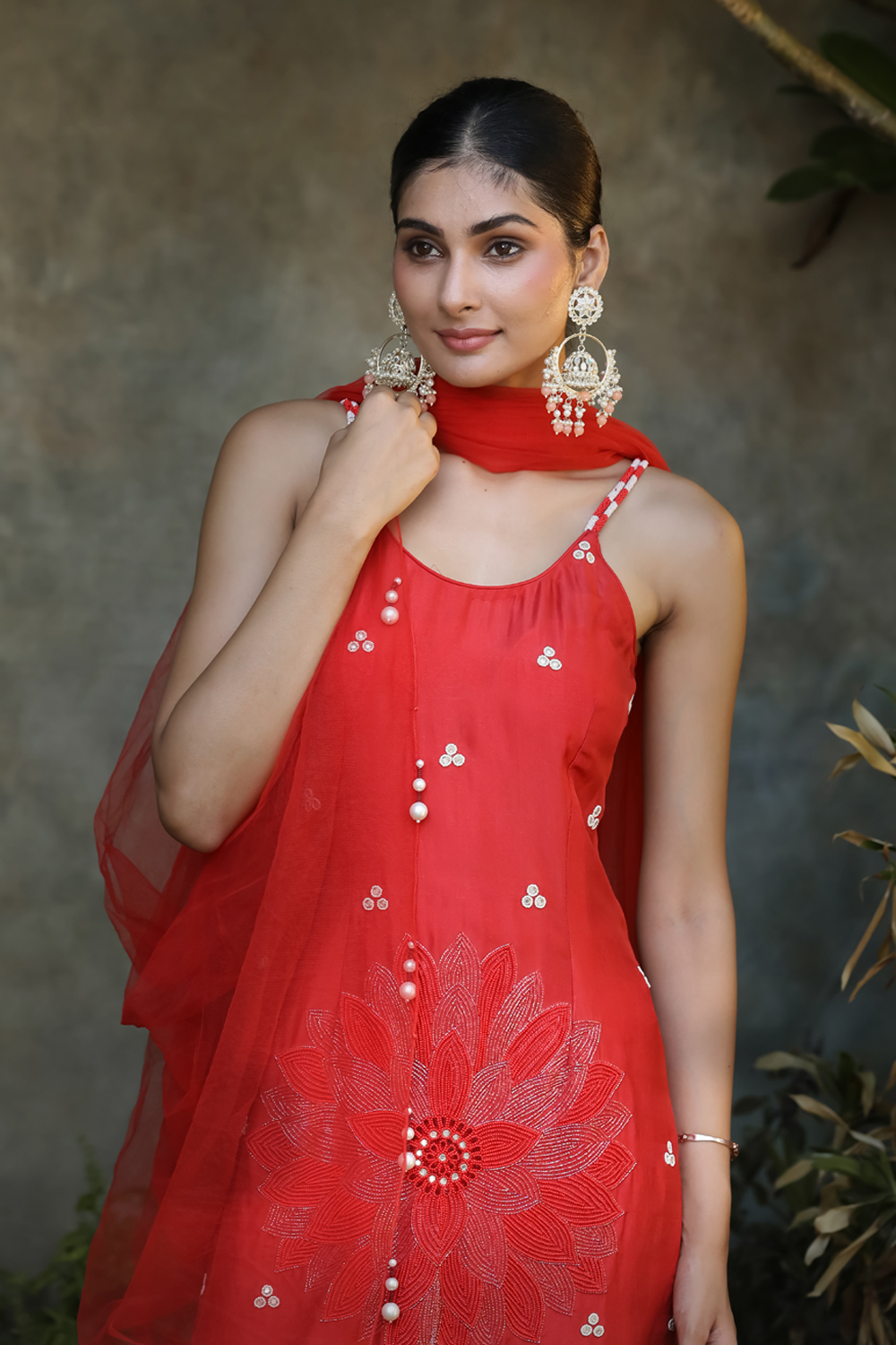 Red Silk Floral Embroidered Straight Suit With Pant And Dupatta Set.