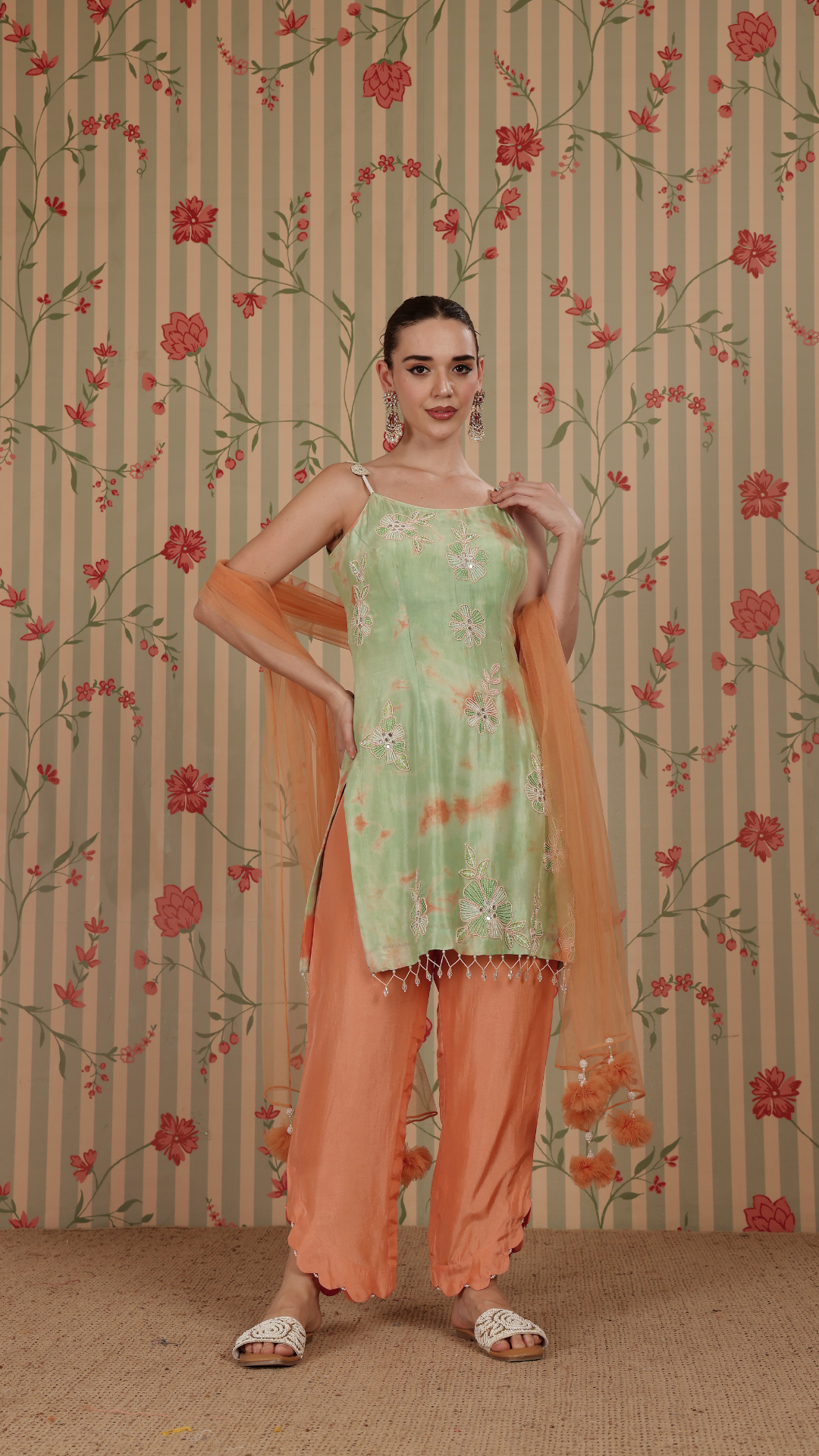 Sea green & peach tie-dye straight suit with peach pant & dupatta