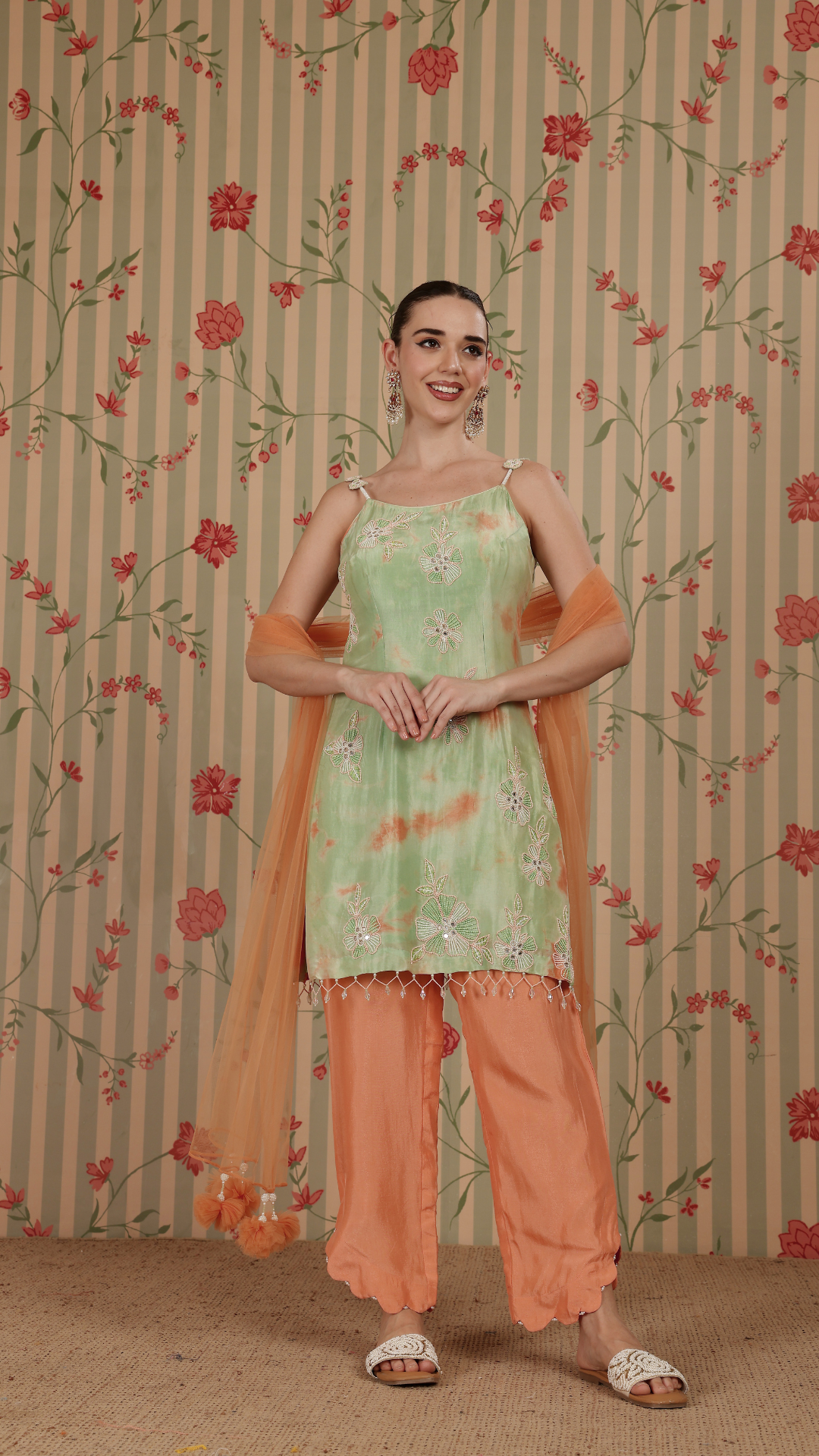 Sea green & peach tie-dye straight suit with peach pant & dupatta