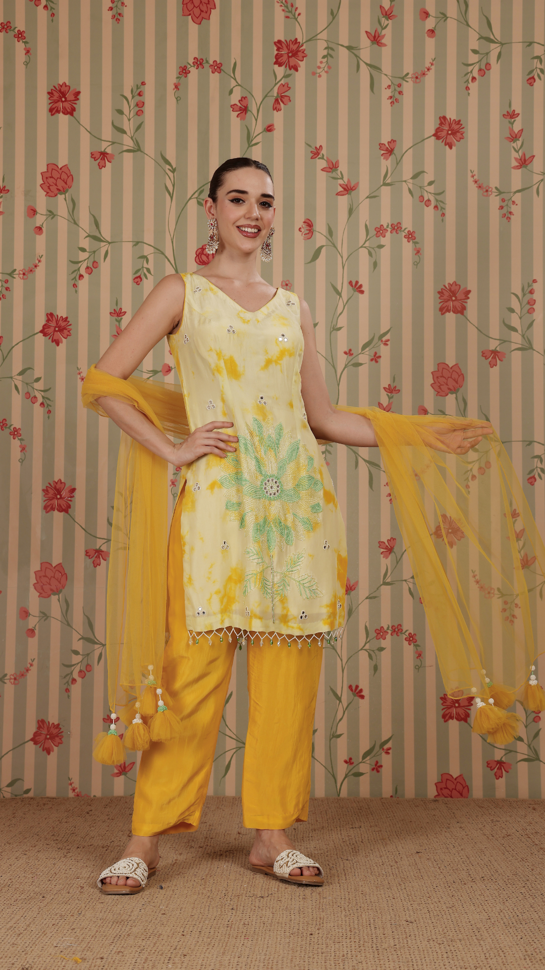 Green base with yellow tie-dye straight suit with yellow pant & dupatta set
