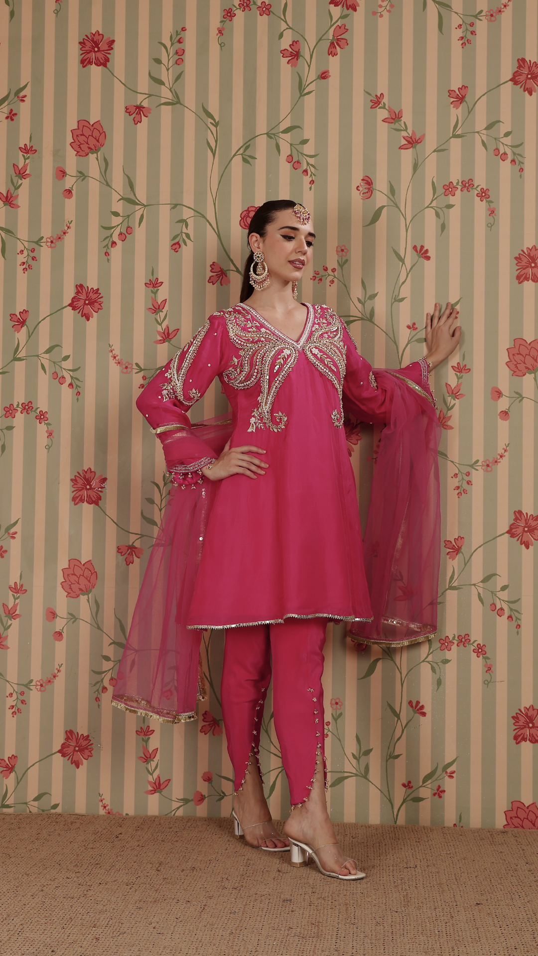 Fuscia pink A-line suit with tulip pant & dupatta