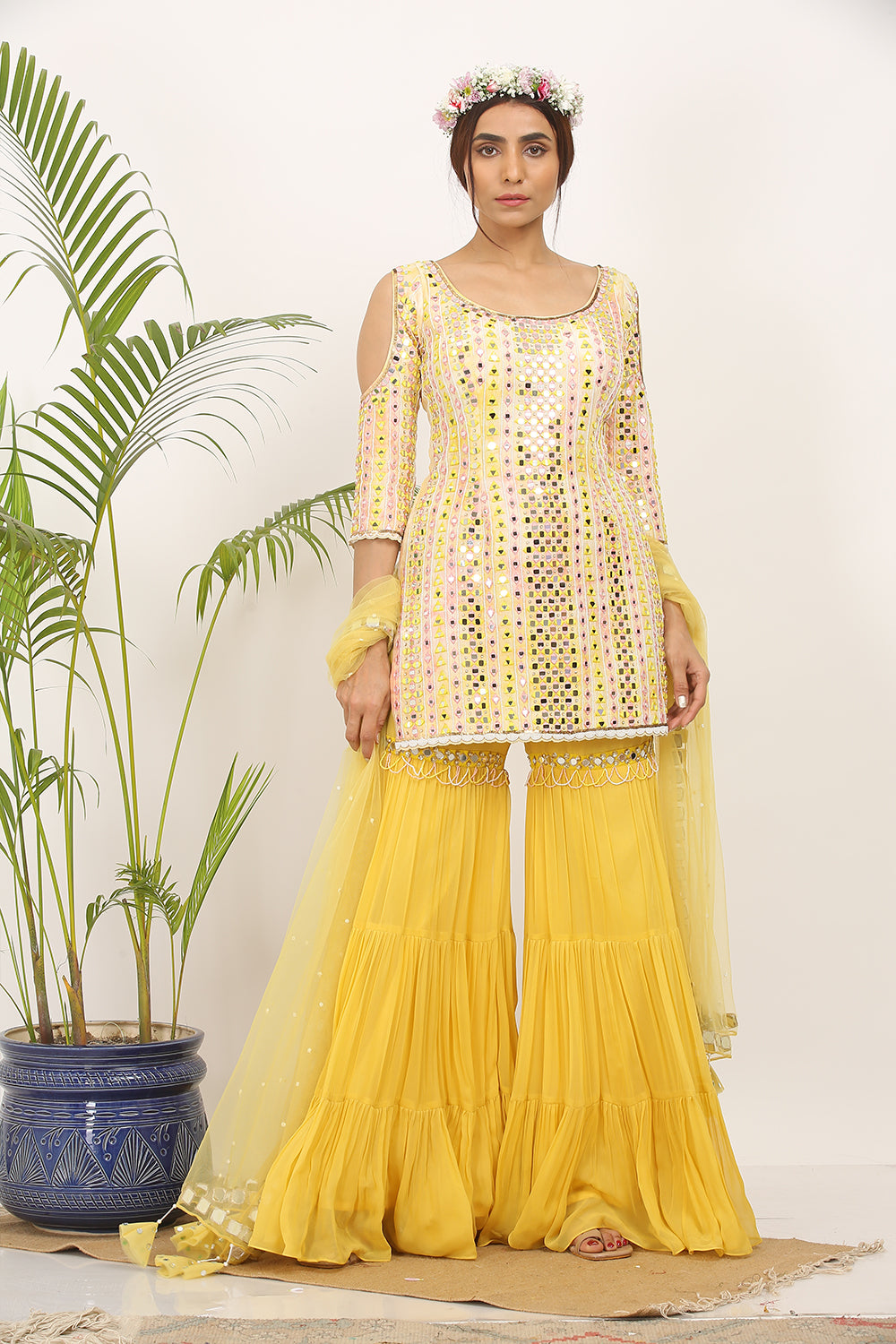 Off White , Peach And Yellow Tie-Dye Garara Set