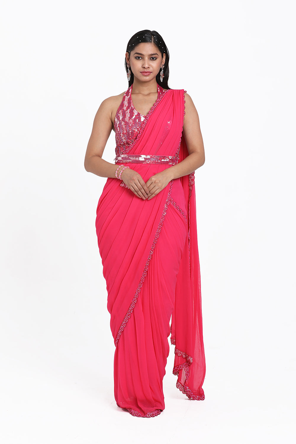 Pink Drape Saree With Halter Blouse & Detachable Belt