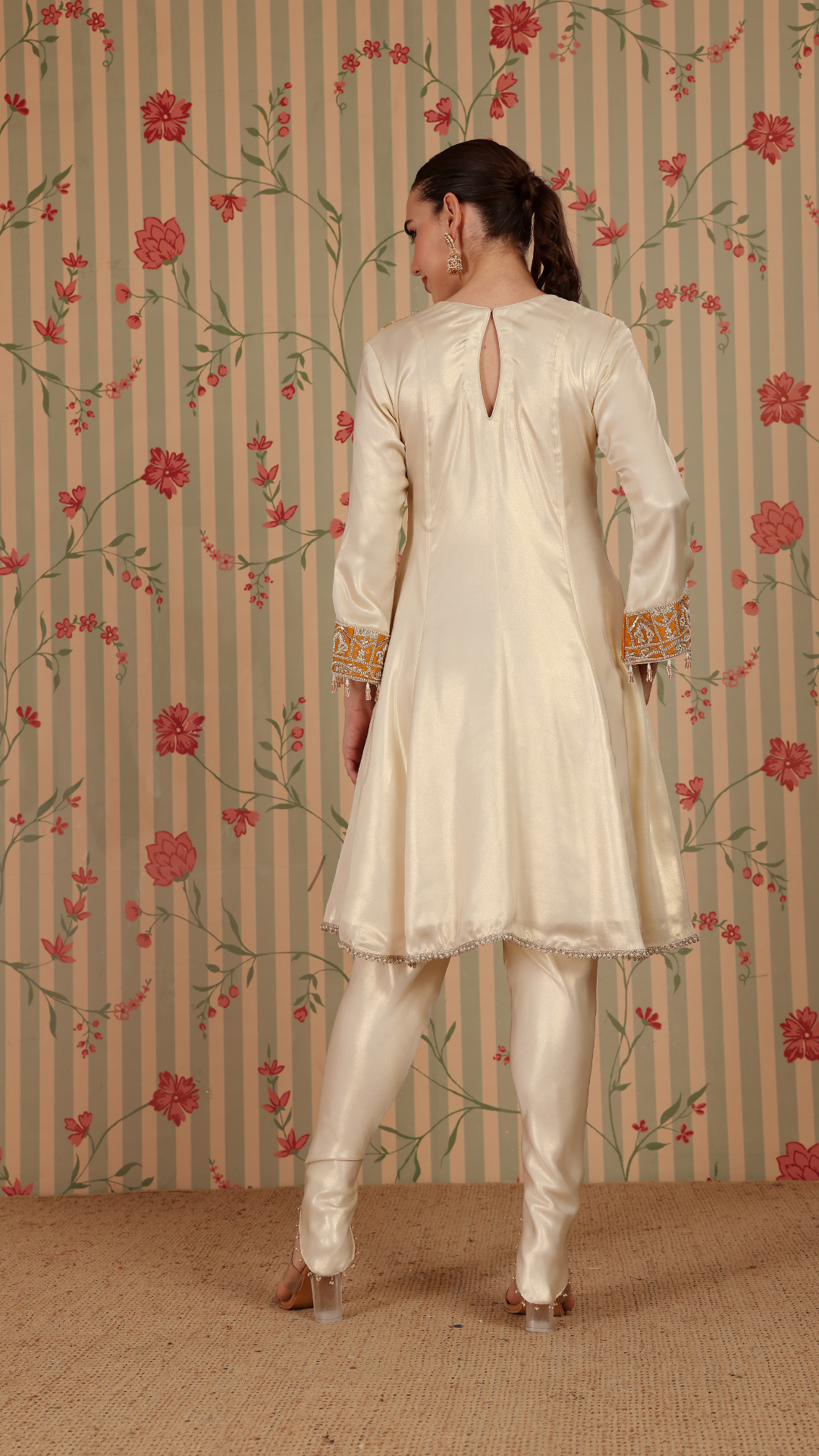 Off white with yellow patch A-line suit with tulip pant & ombre dupatta