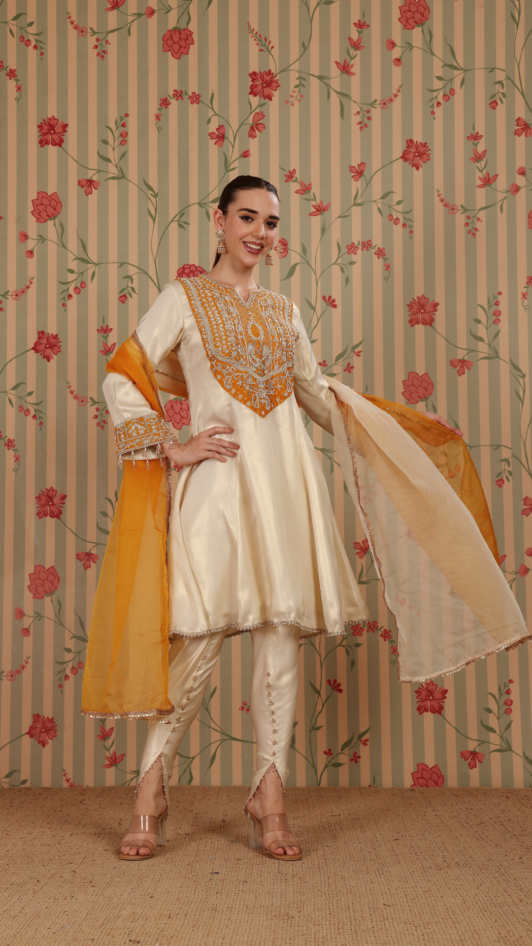 Off white with yellow patch A-line suit with tulip pant & ombre dupatta
