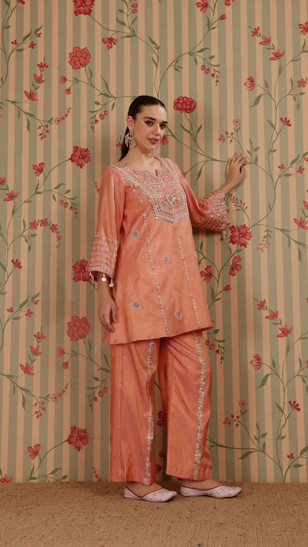 Peach shimmer pakistani A-line suit with pant