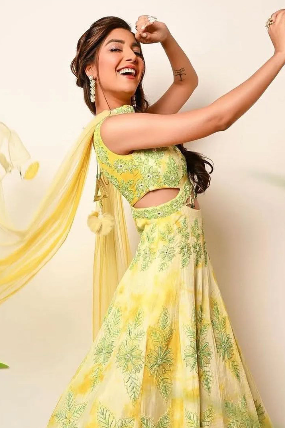 Green Yellow Tie-Dye Anarkali Set