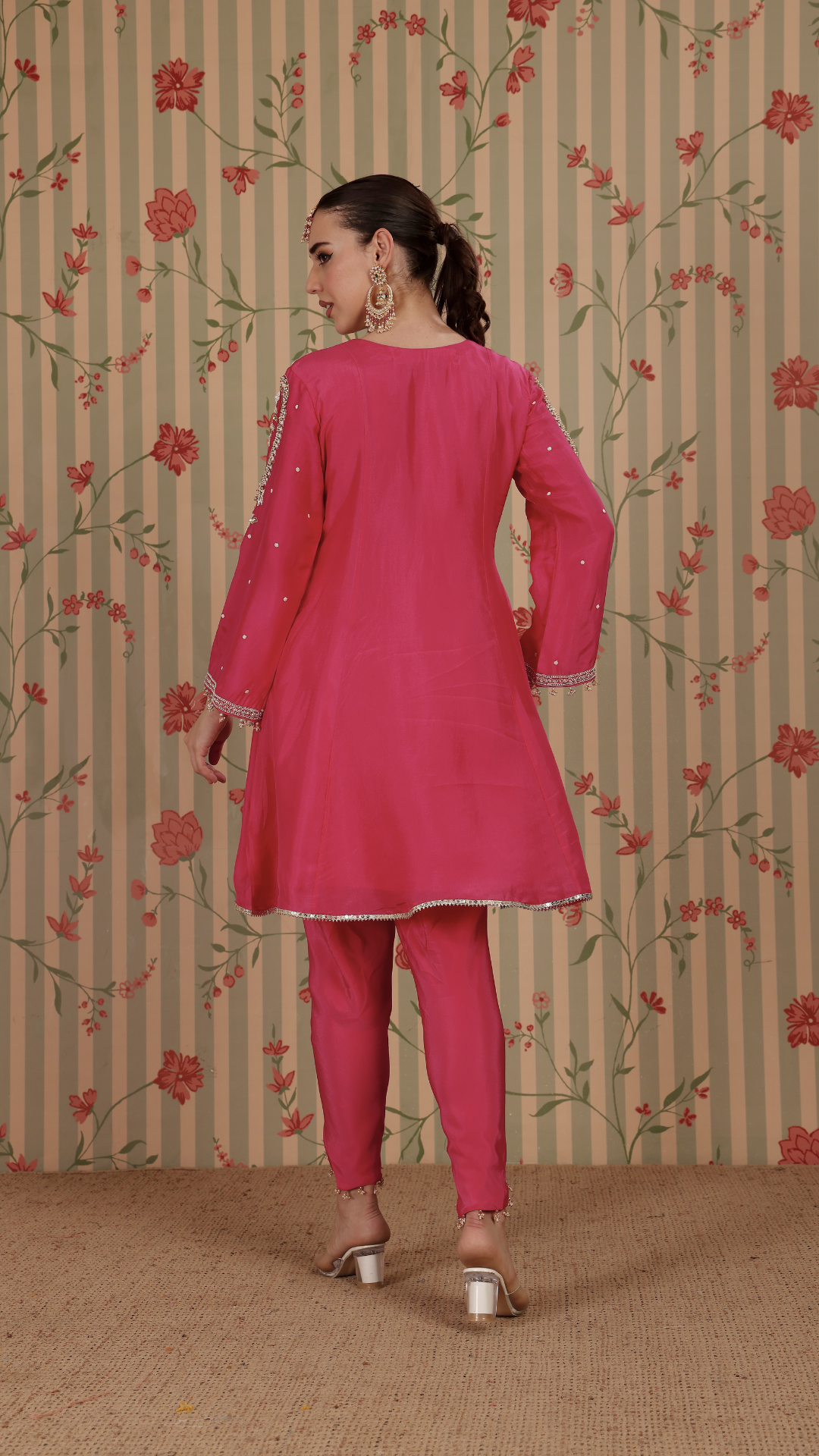 Fuscia pink A-line suit with tulip pant & dupatta