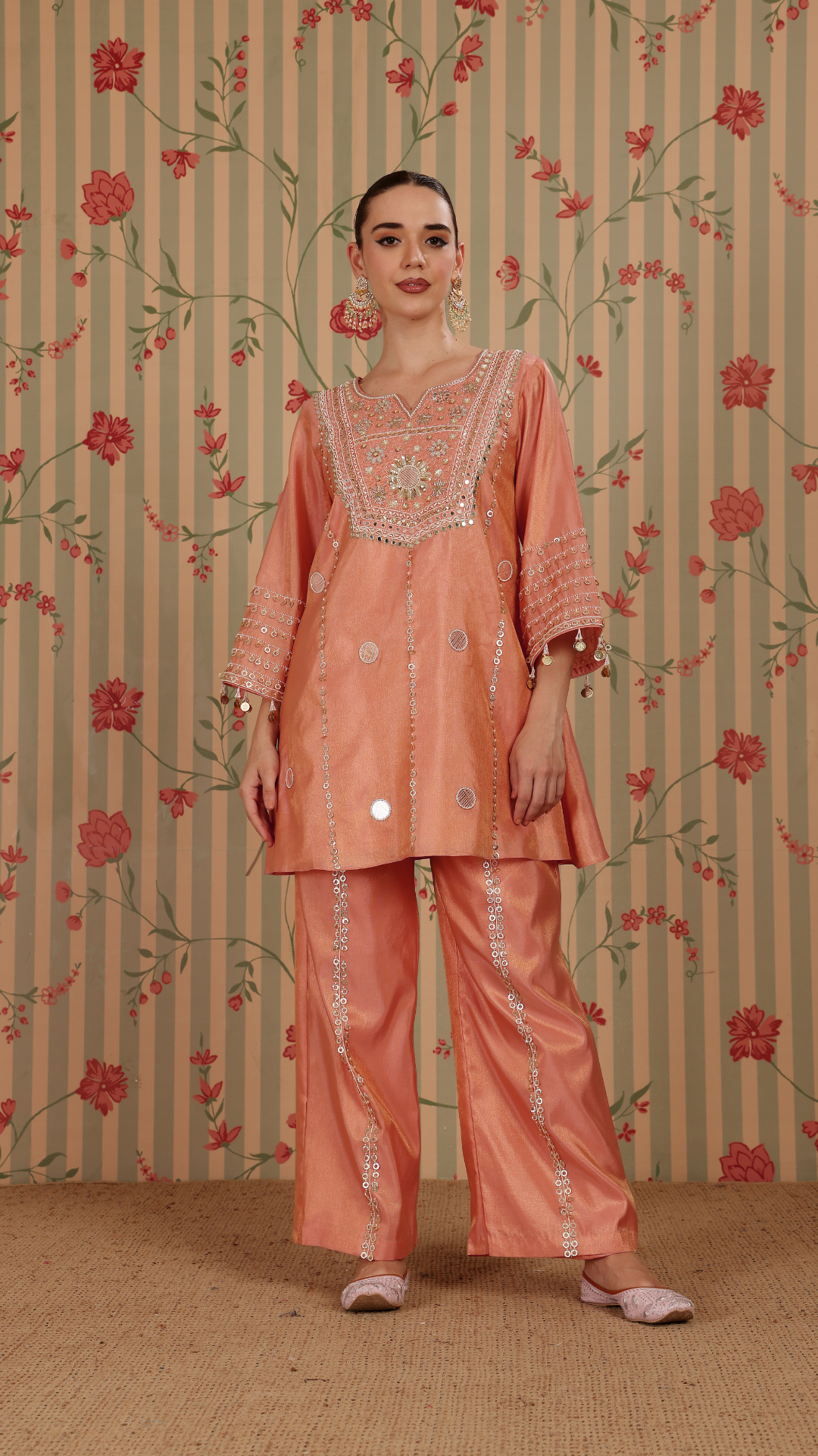 Peach shimmer pakistani A-line suit with pant
