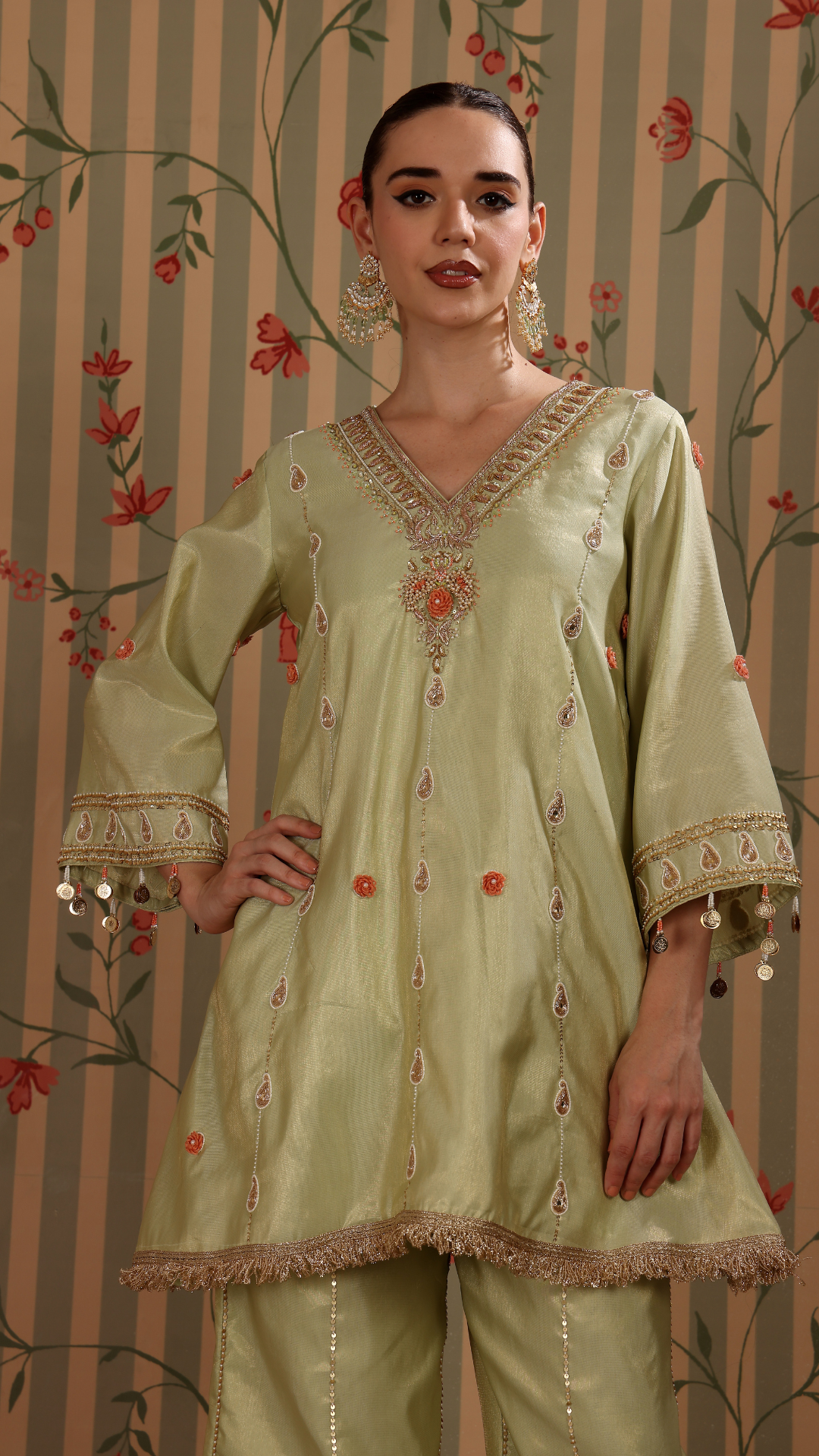 Light green shimmer pakistani A-line suit with straight pant