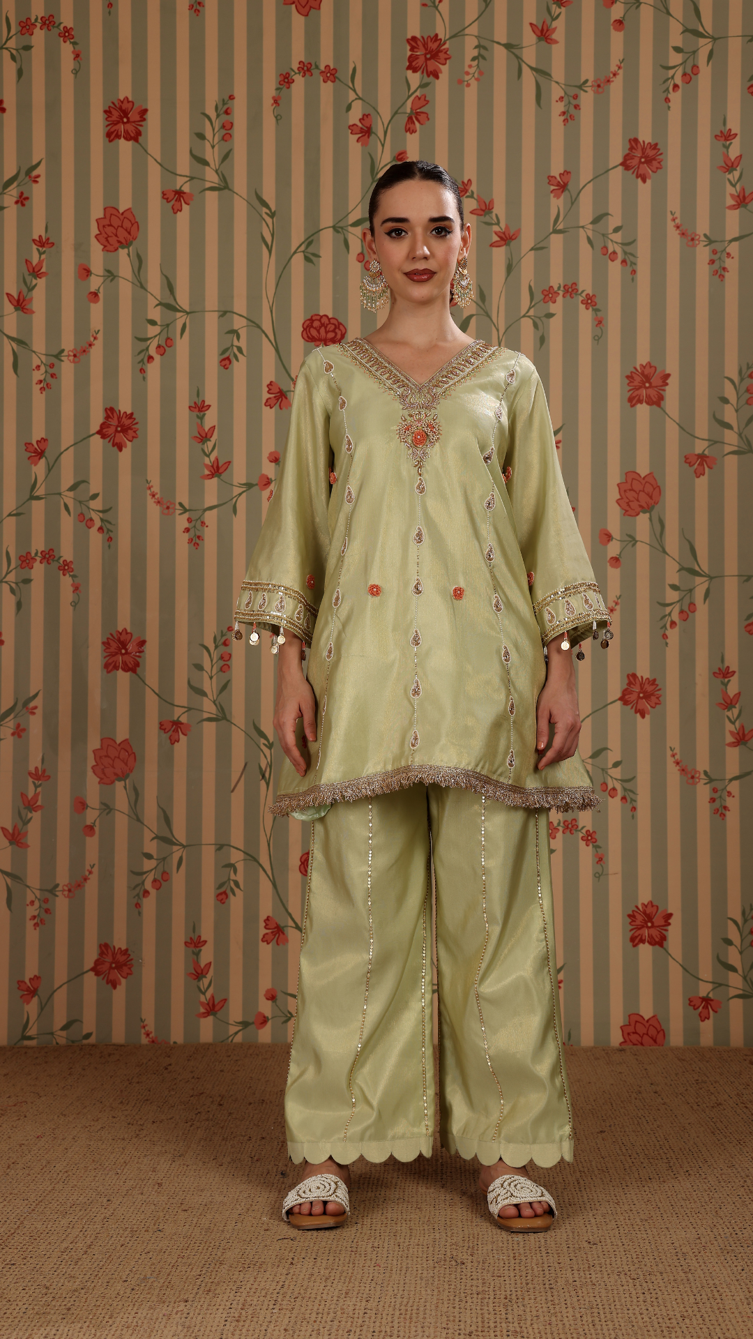 Light green shimmer pakistani A-line suit with straight pant