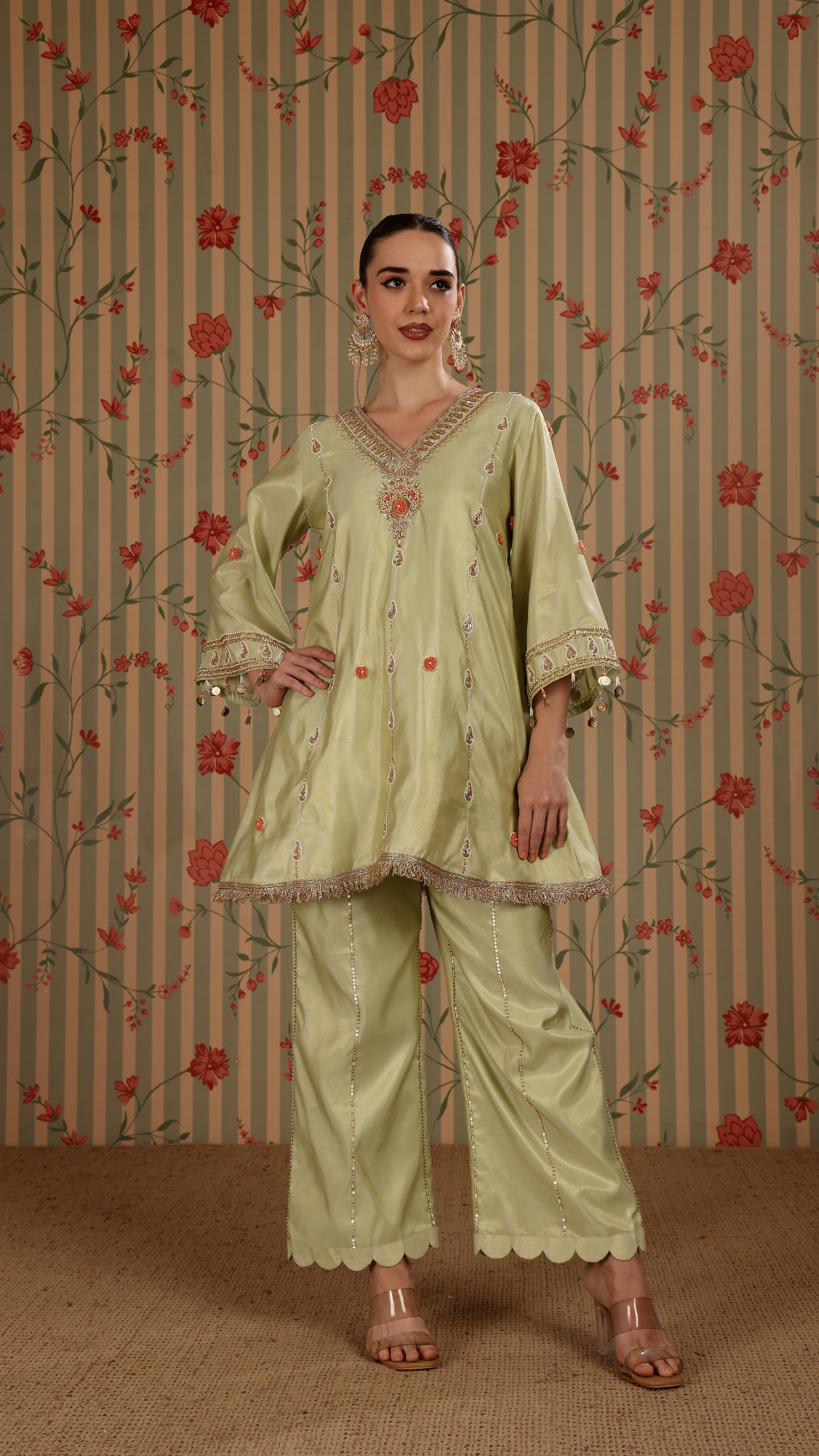 Light green shimmer pakistani A-line suit with straight pant