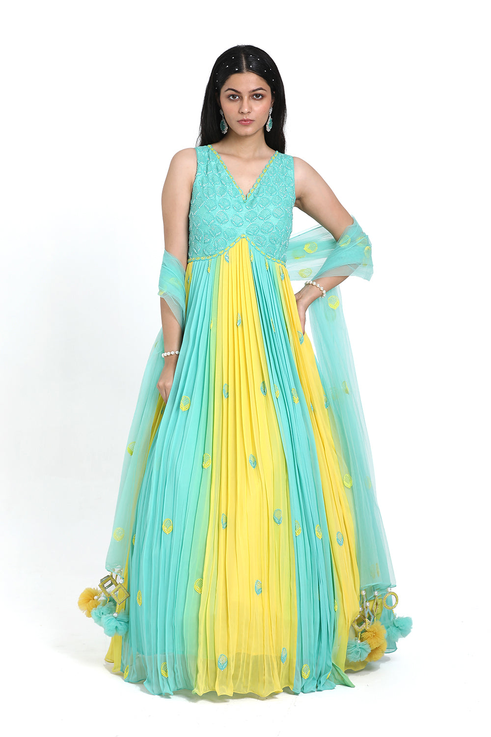 Aqua Blue & Yellow Pleated Anarkali Set