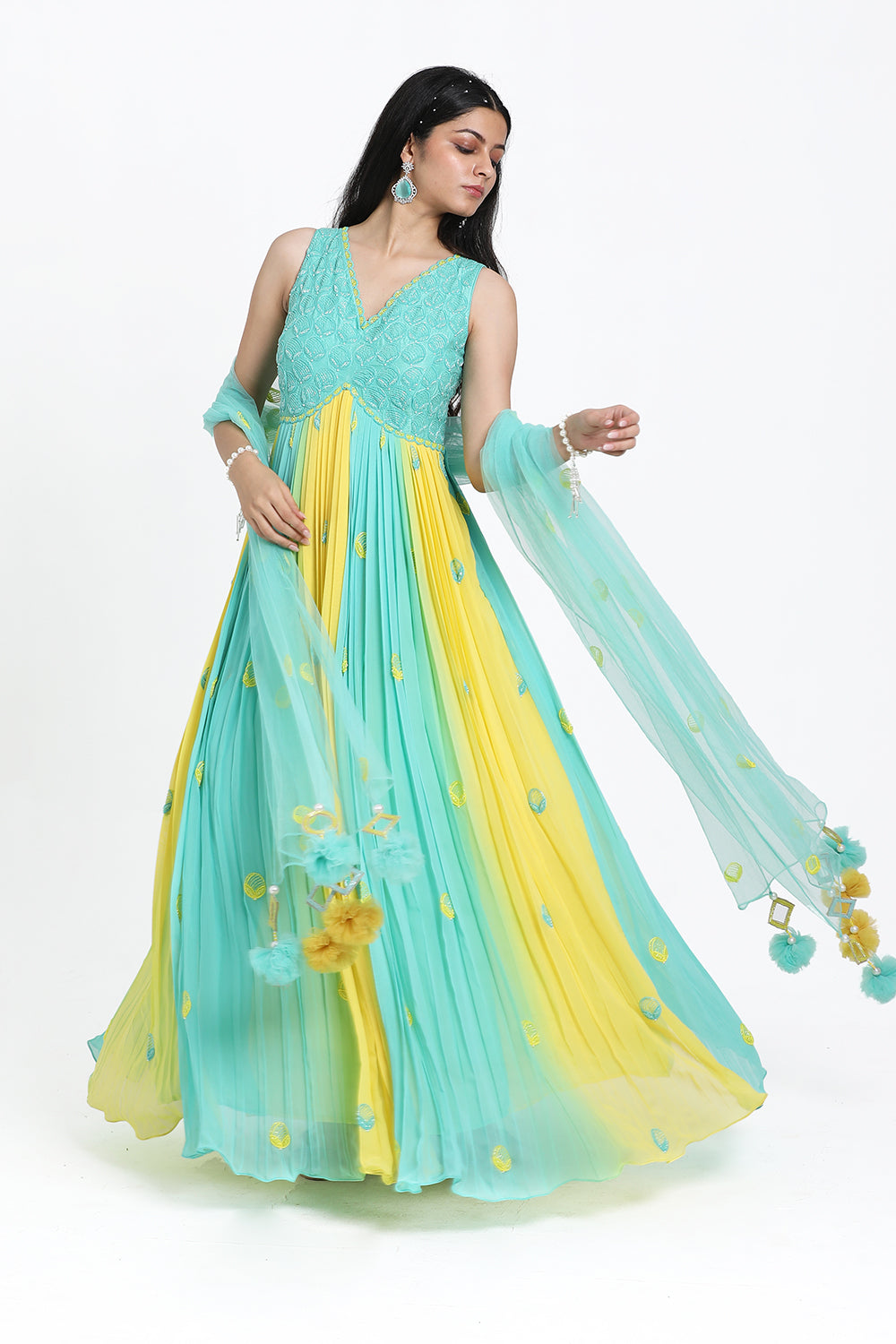 Aqua Blue & Yellow Pleated Anarkali Set