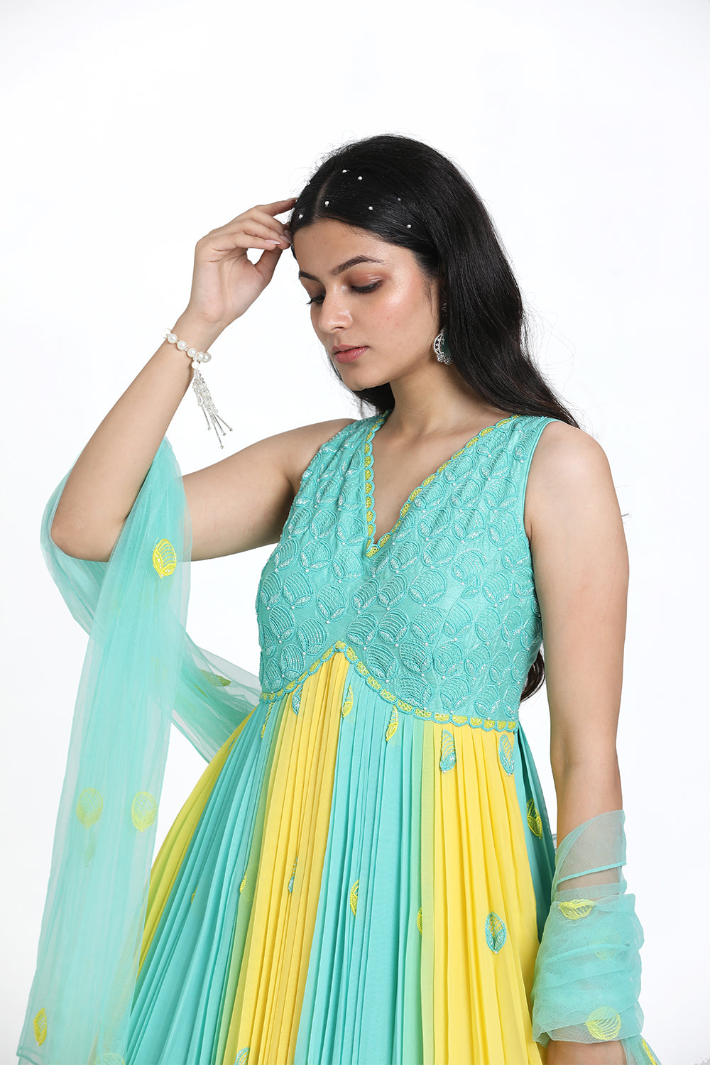 Aqua Blue & Yellow Pleated Anarkali Set