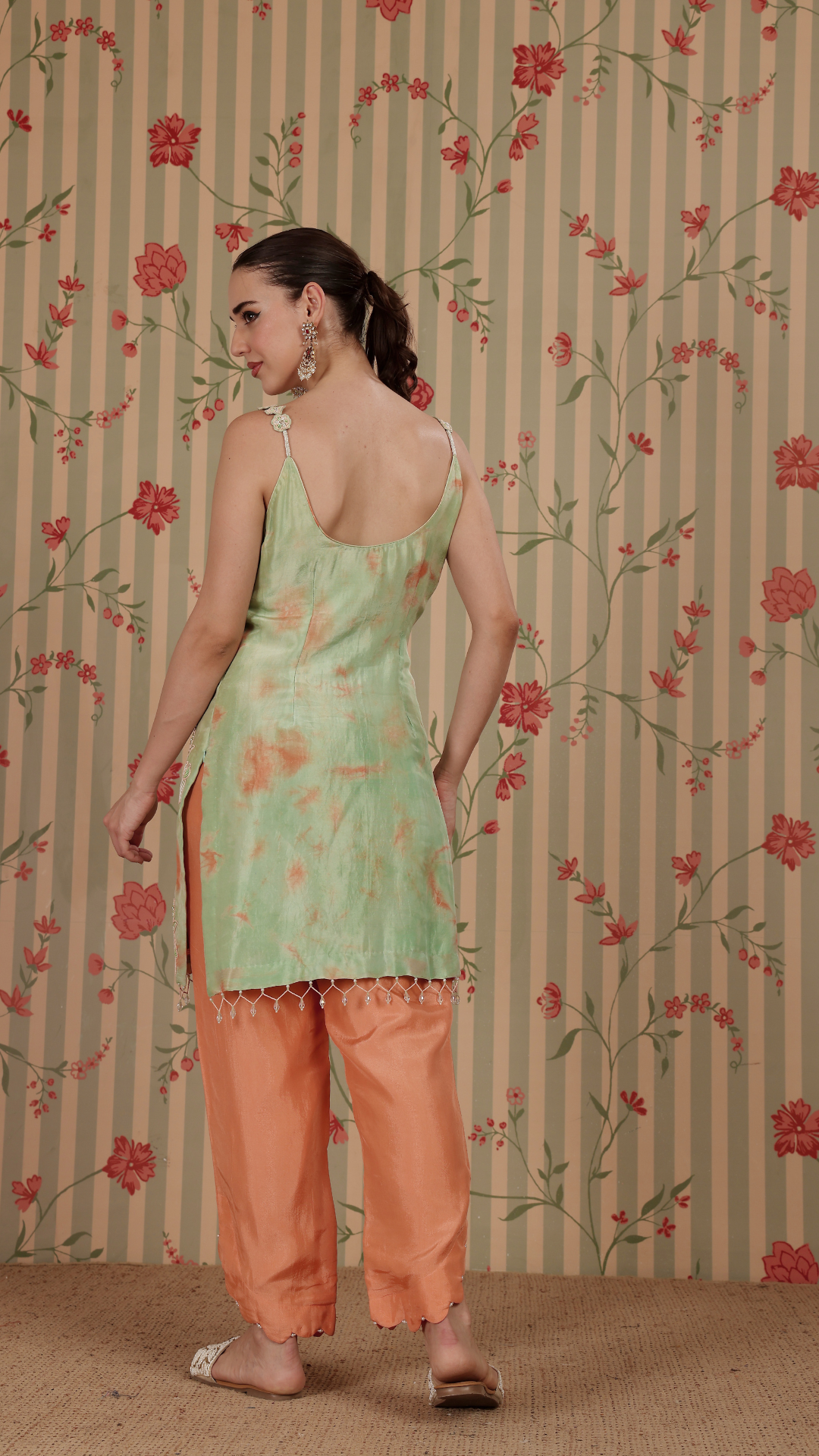 Sea green & peach tie-dye straight suit with peach pant & dupatta