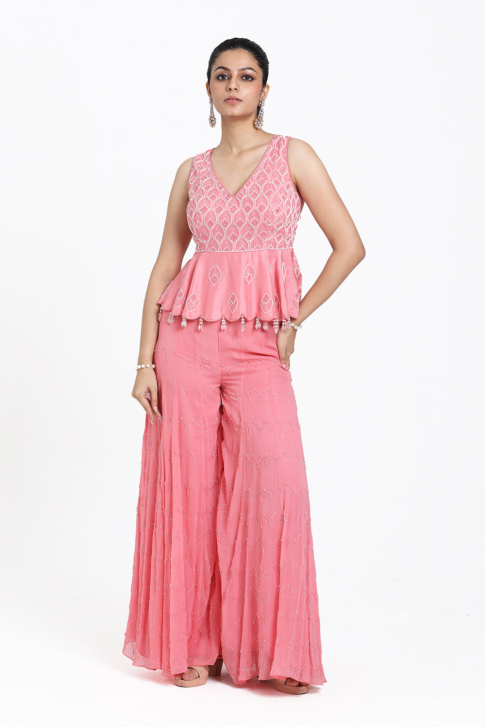 Coral Pink Peplum With Inserted Sharara Set.