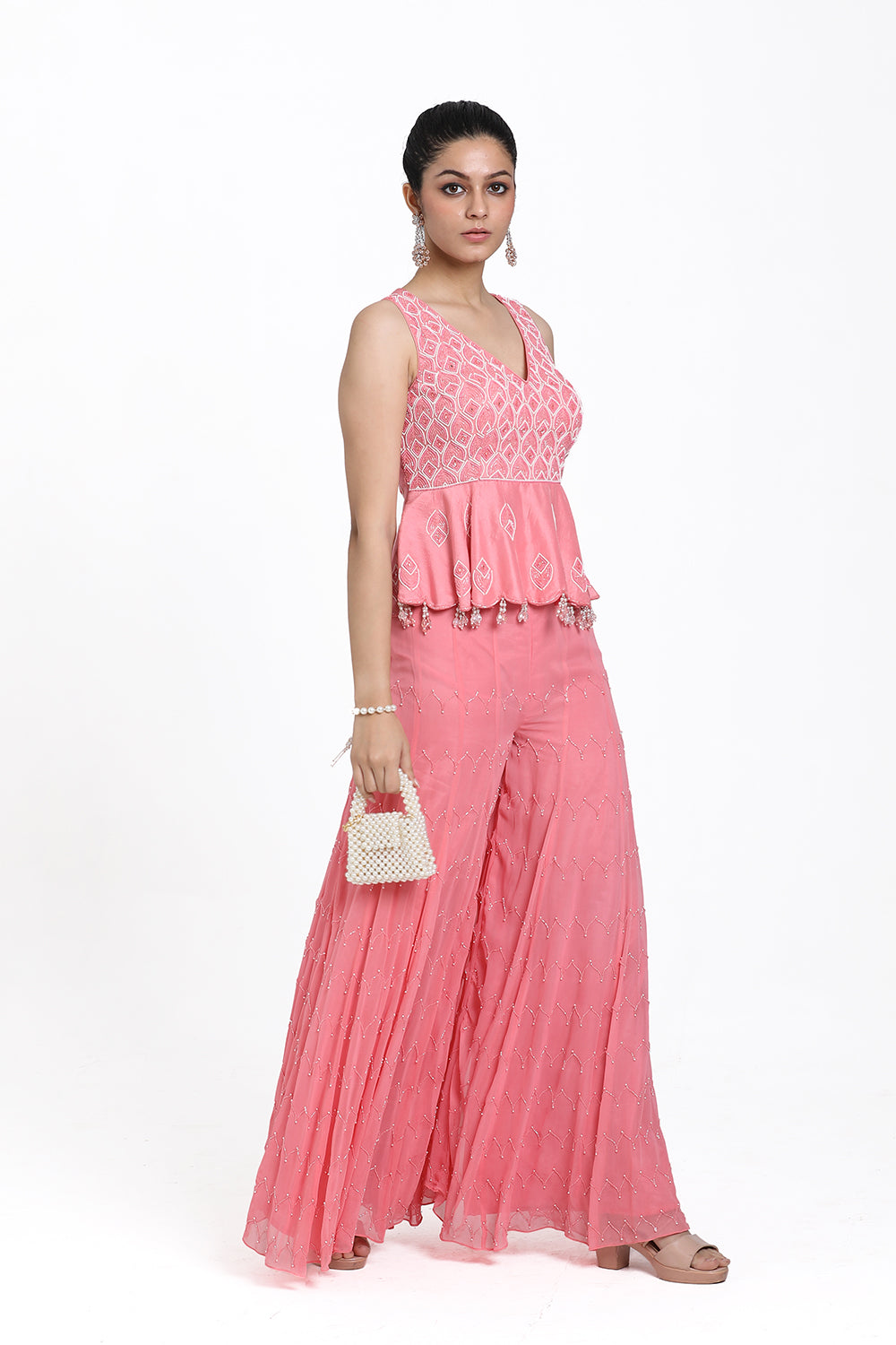Coral Pink Peplum With Inserted Sharara Set.