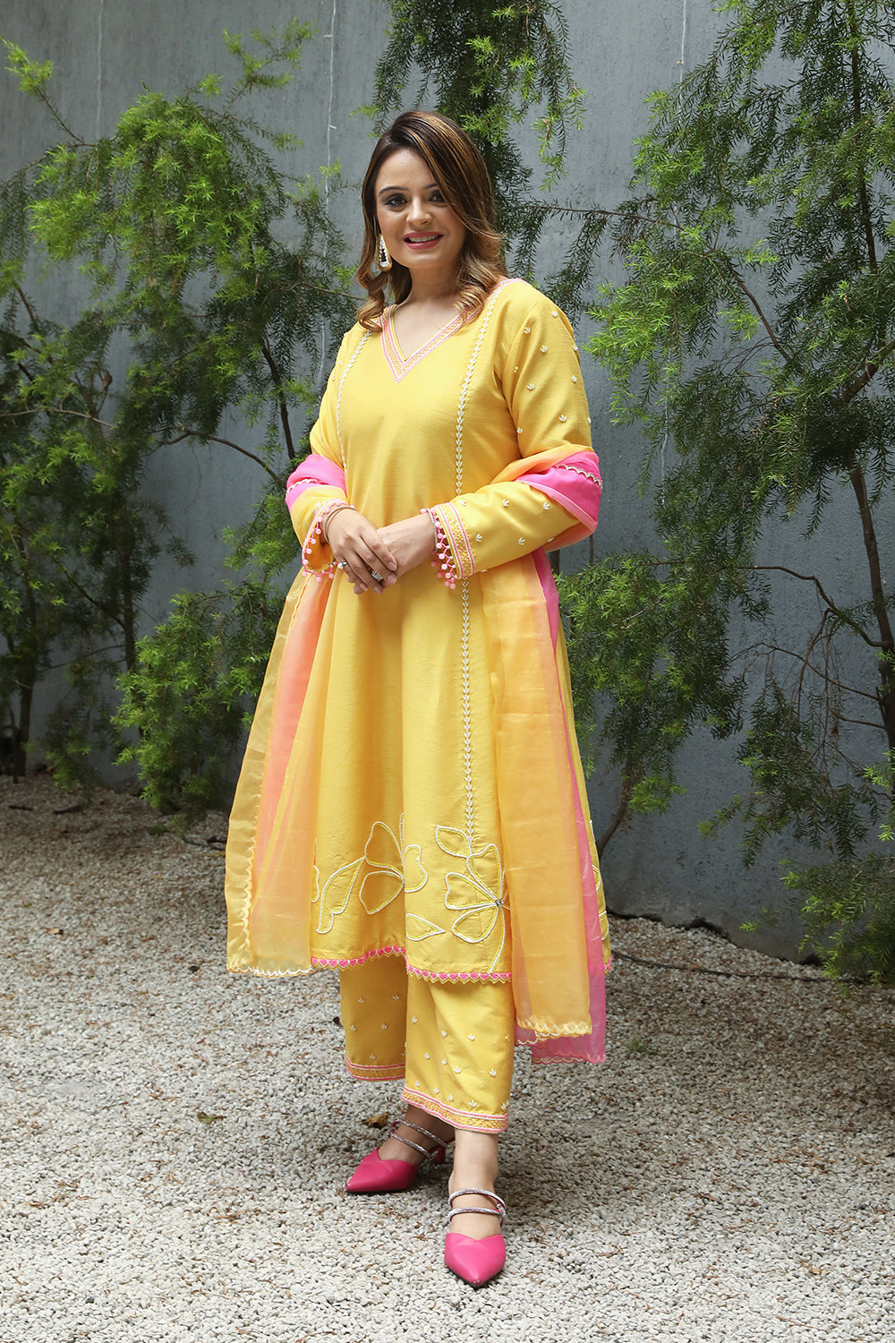 Yellow Silk A-Line Floral Embroidered Suit With Pant And Organza Dupatta Set.