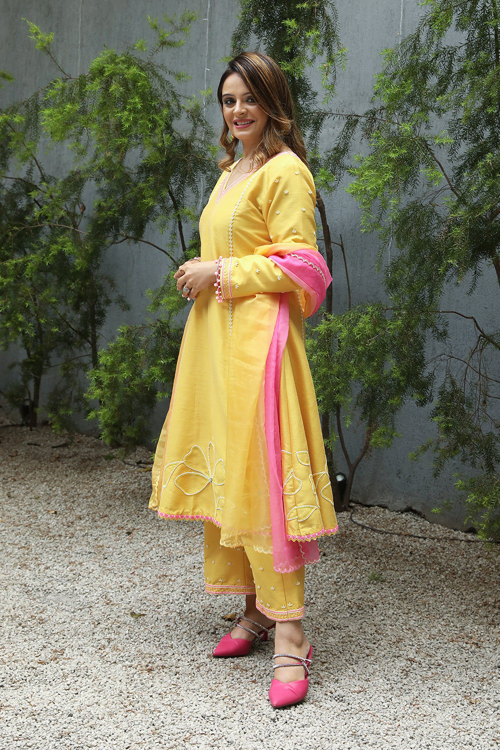 Yellow Silk A-Line Floral Embroidered Suit With Pant And Organza Dupatta Set.