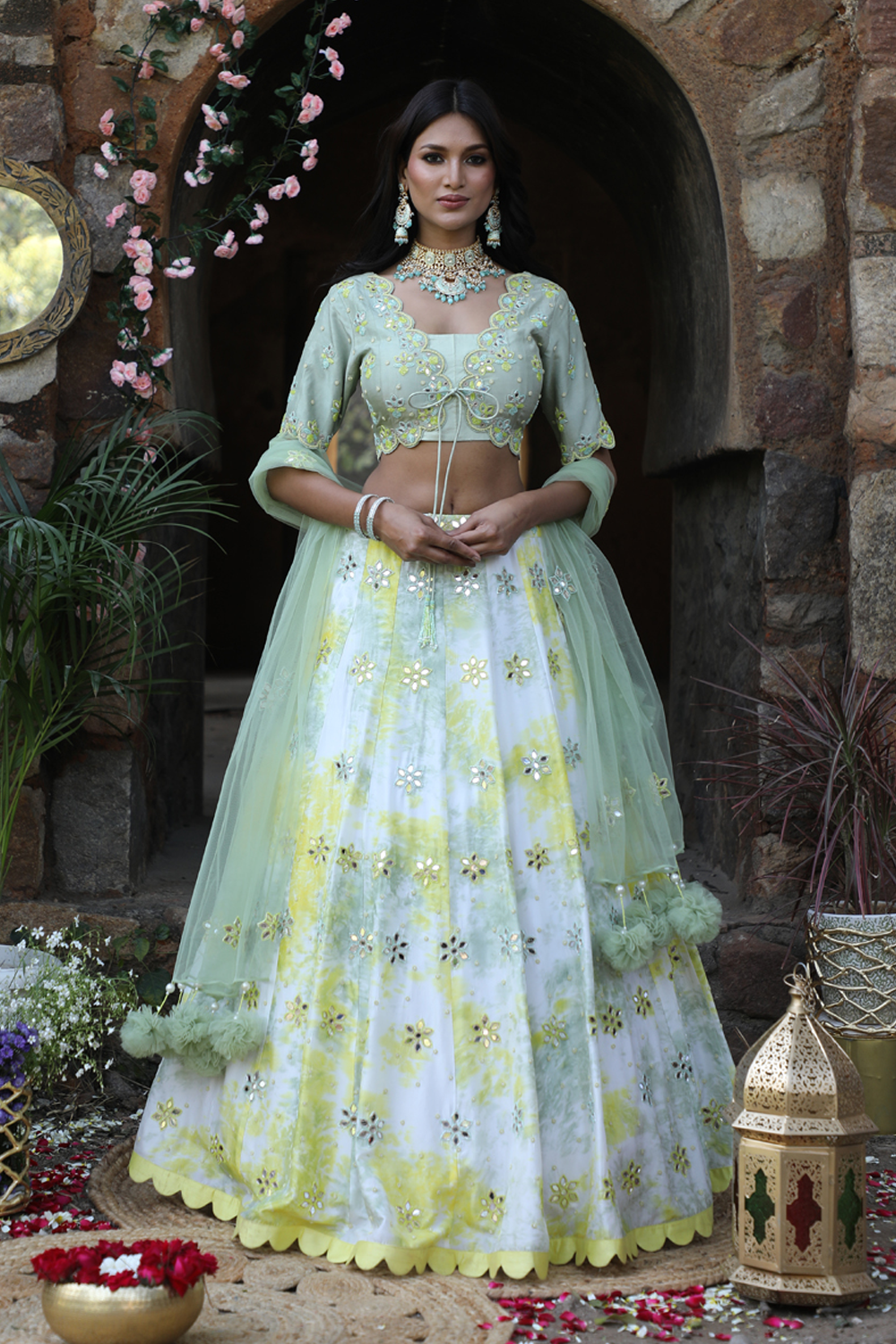 Olive Green - Lemon Yellow Tie-Dye Lehenga Set