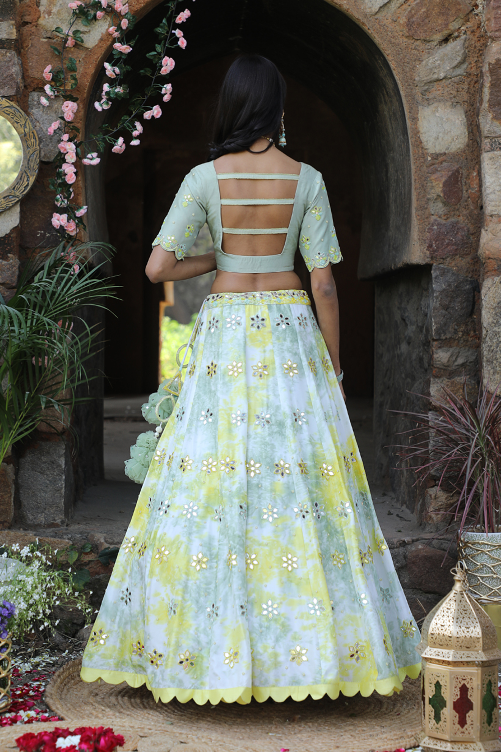 Olive Green - Lemon Yellow Tie-Dye Lehenga Set