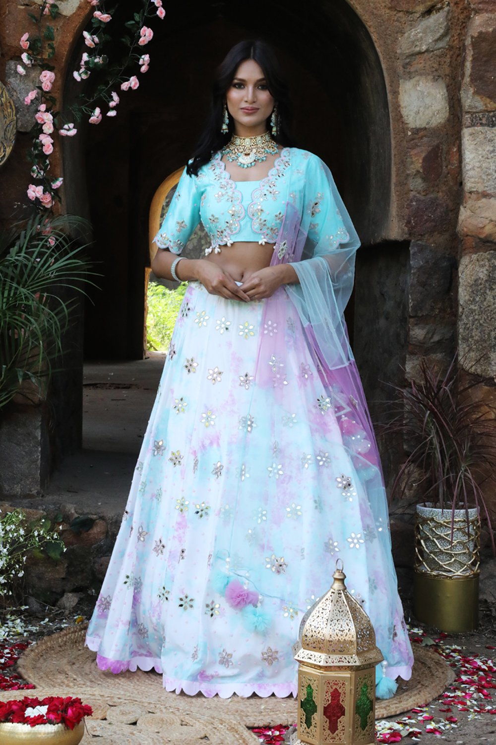 Lilac - Aqua Blue Tie-Dye Lehenga Set