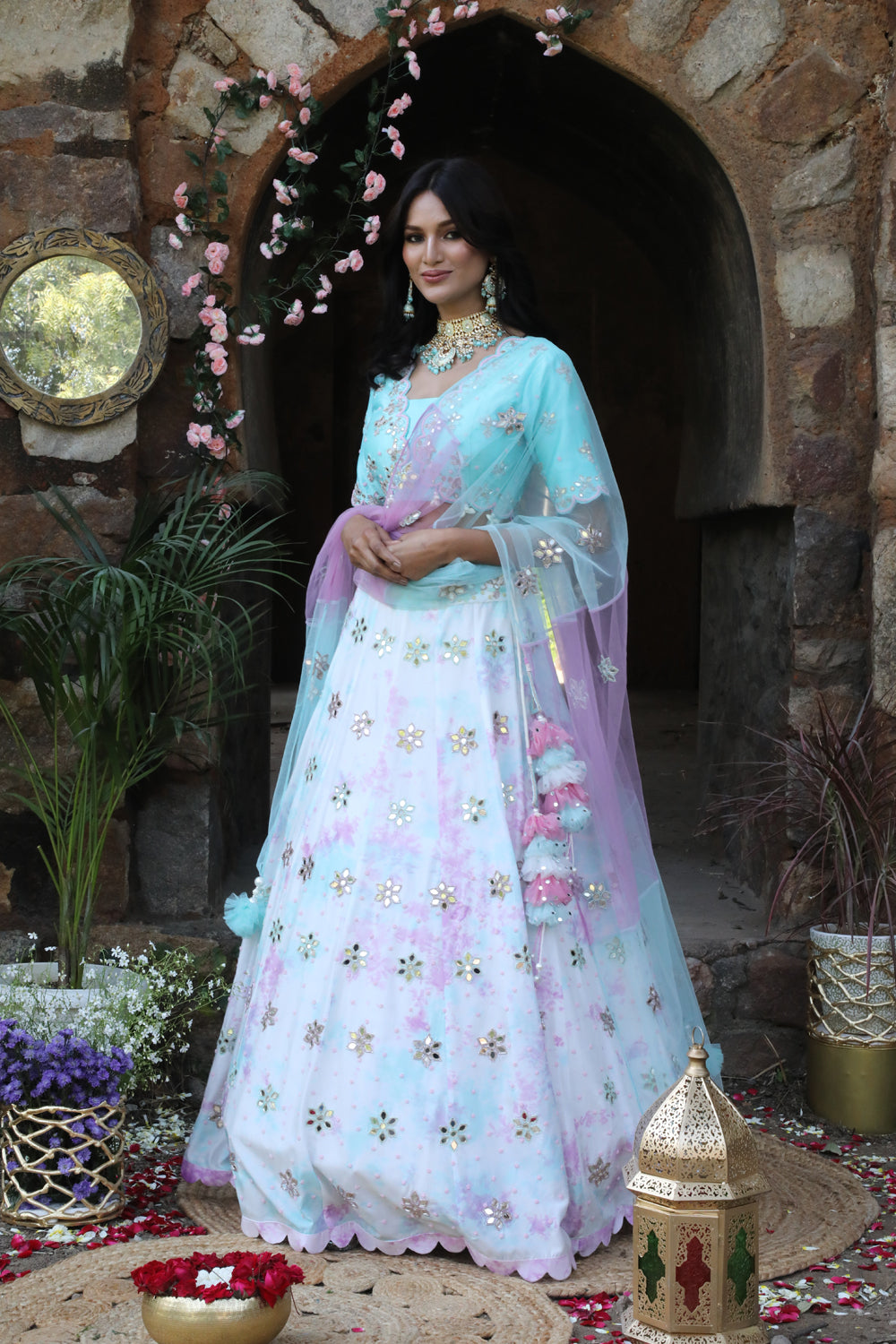 Lilac - Aqua Blue Tie-Dye Lehenga Set