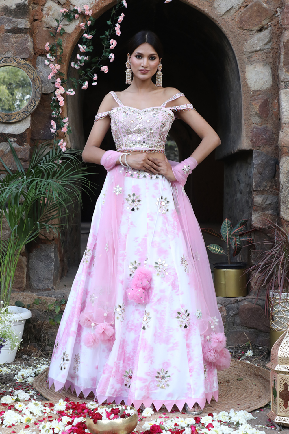 Off White And Lilac Tie-Dye Lehenga Set