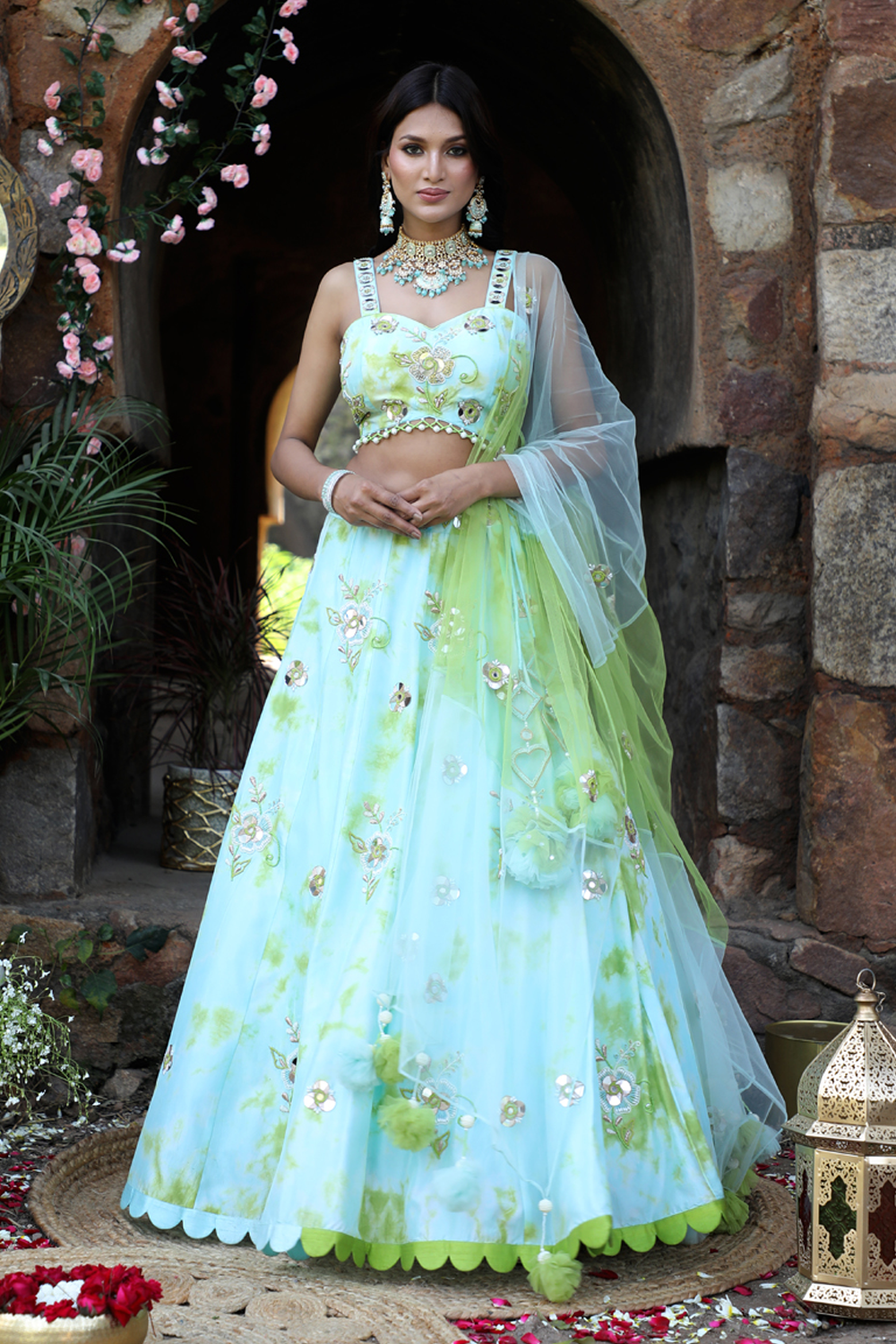 Aqua Blue And Green Tie-Dye Lehenga Set