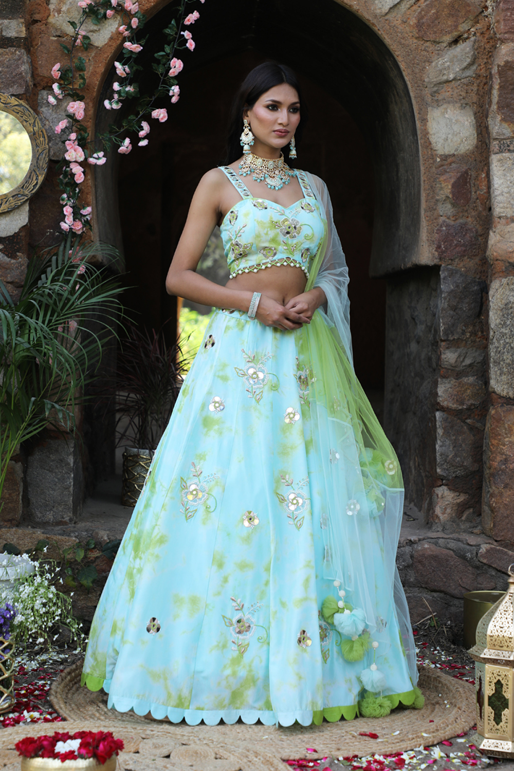 Aqua Blue And Green Tie-Dye Lehenga Set