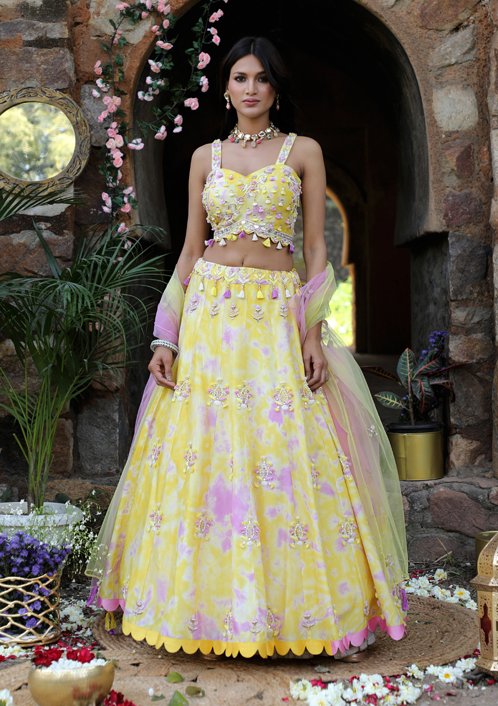 Yellow And Lilac Tie-Dye Lehenga Set