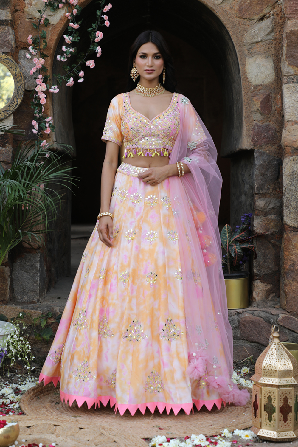 Orange And Pink  Tie-Dye Lehenga Set