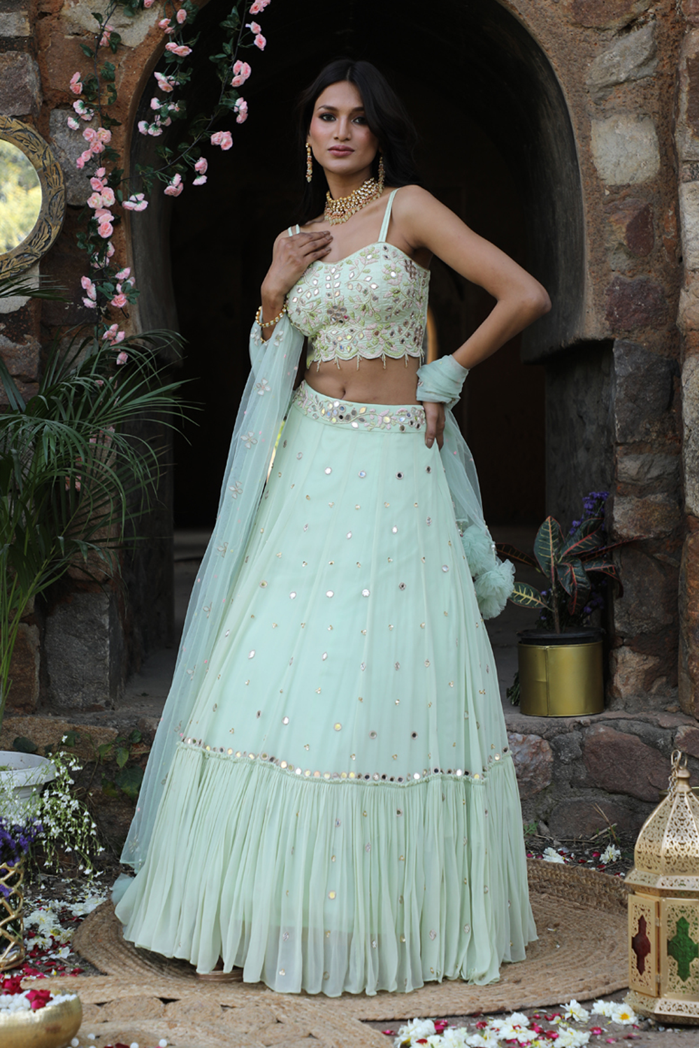 Mint Green Flared Lehenga Set With Bustier