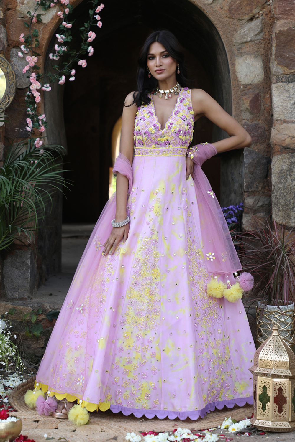 Lilac And Yellow Tie-Dye Anarkali Set