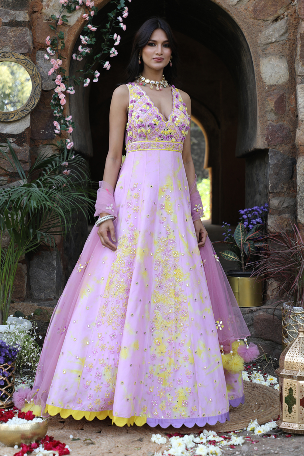 Lilac And Yellow Tie-Dye Anarkali Set