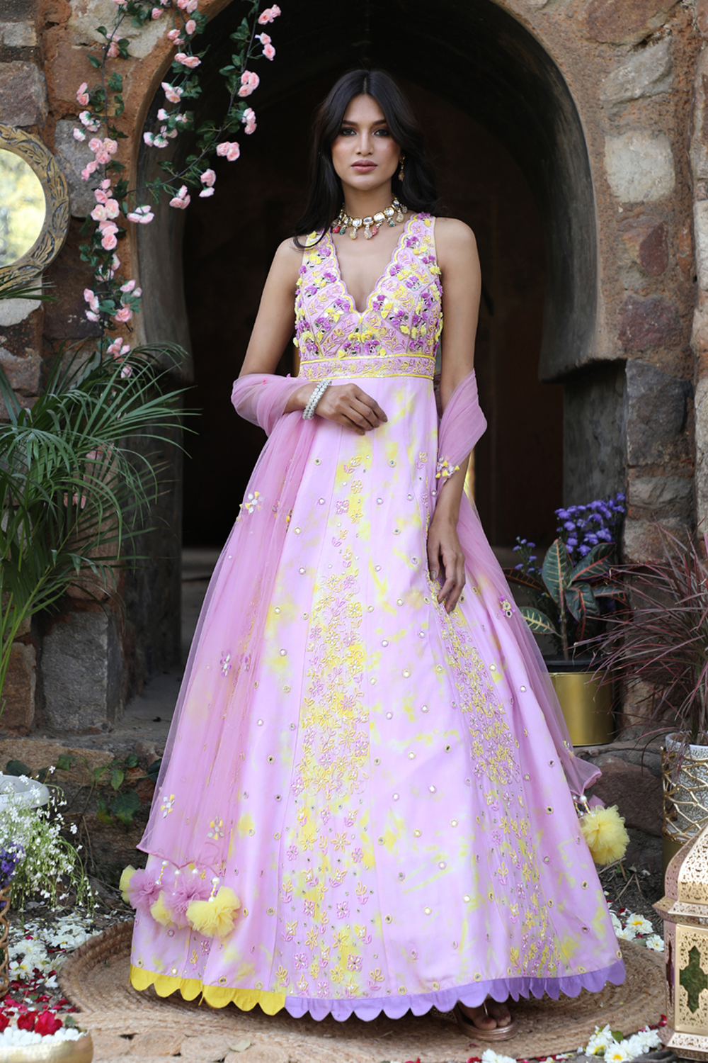 Lilac And Yellow Tie-Dye Anarkali Set