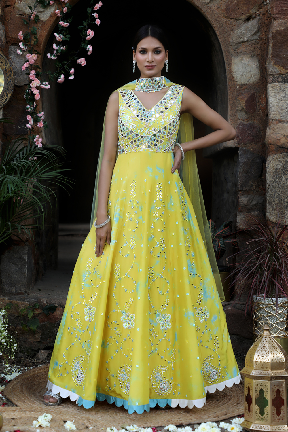 Yellow And Blue Tie- Dye Anarkali Set