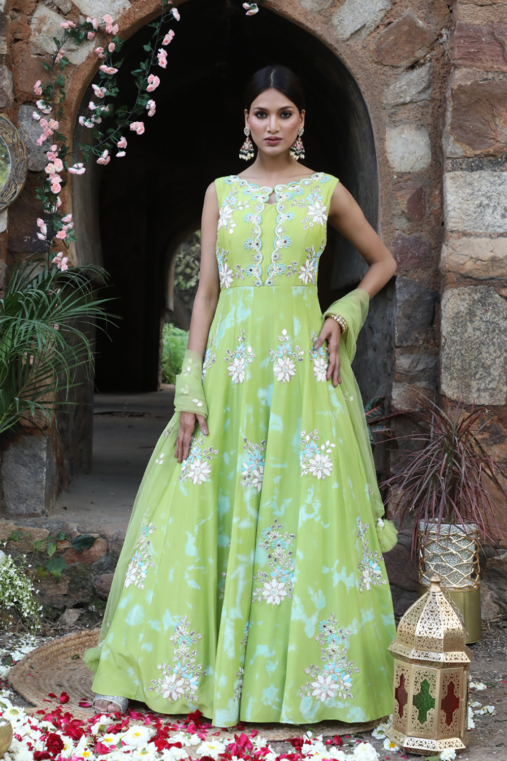 Green And Aqua Blue Tie-Dye Anarkali Set