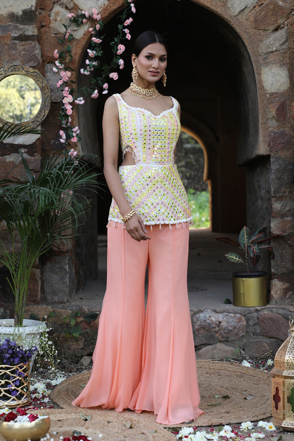 Peach And Yellow Tie-Dye Side Cut Peplum With Inserted Sharara Set