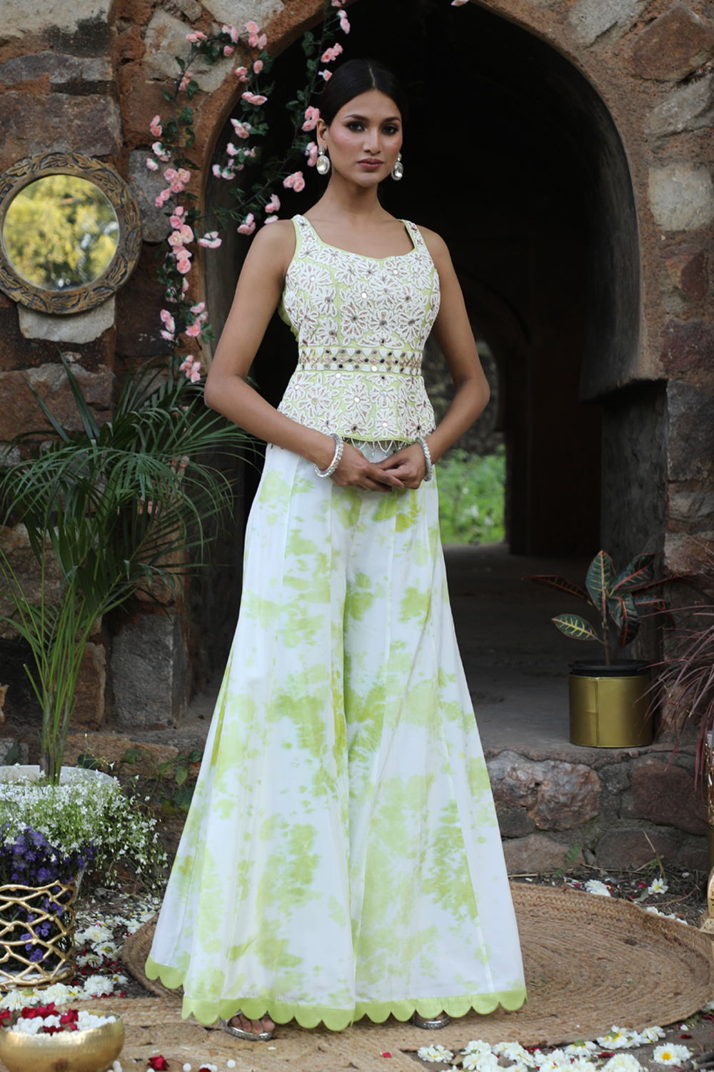 Off White And Mint Green Tie-Dye Sharara Set With Peplum
