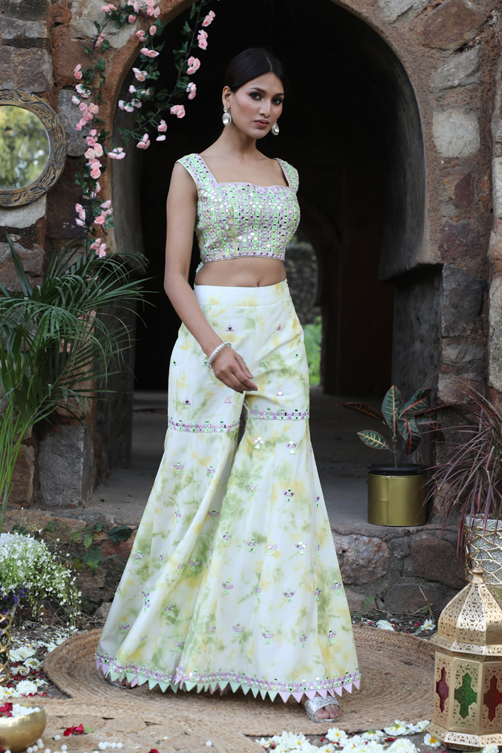 Off White With Green And Yellow Tie-Dye Garara Set With Bustier