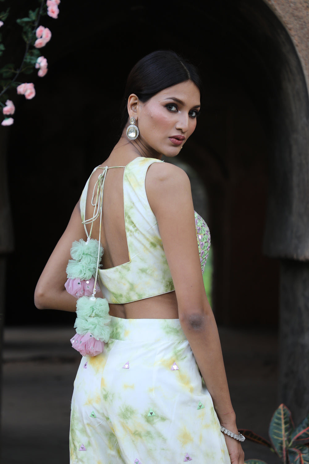 Off White With Green And Yellow Tie-Dye Garara Set With Bustier