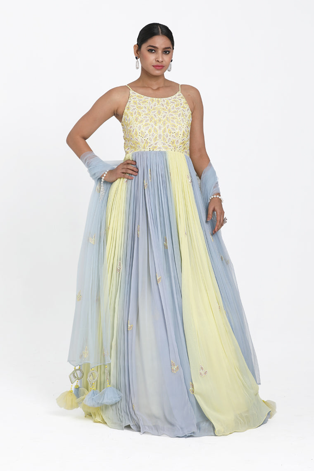 Lemon Yellow & Blue Ombre Anarkali Set.